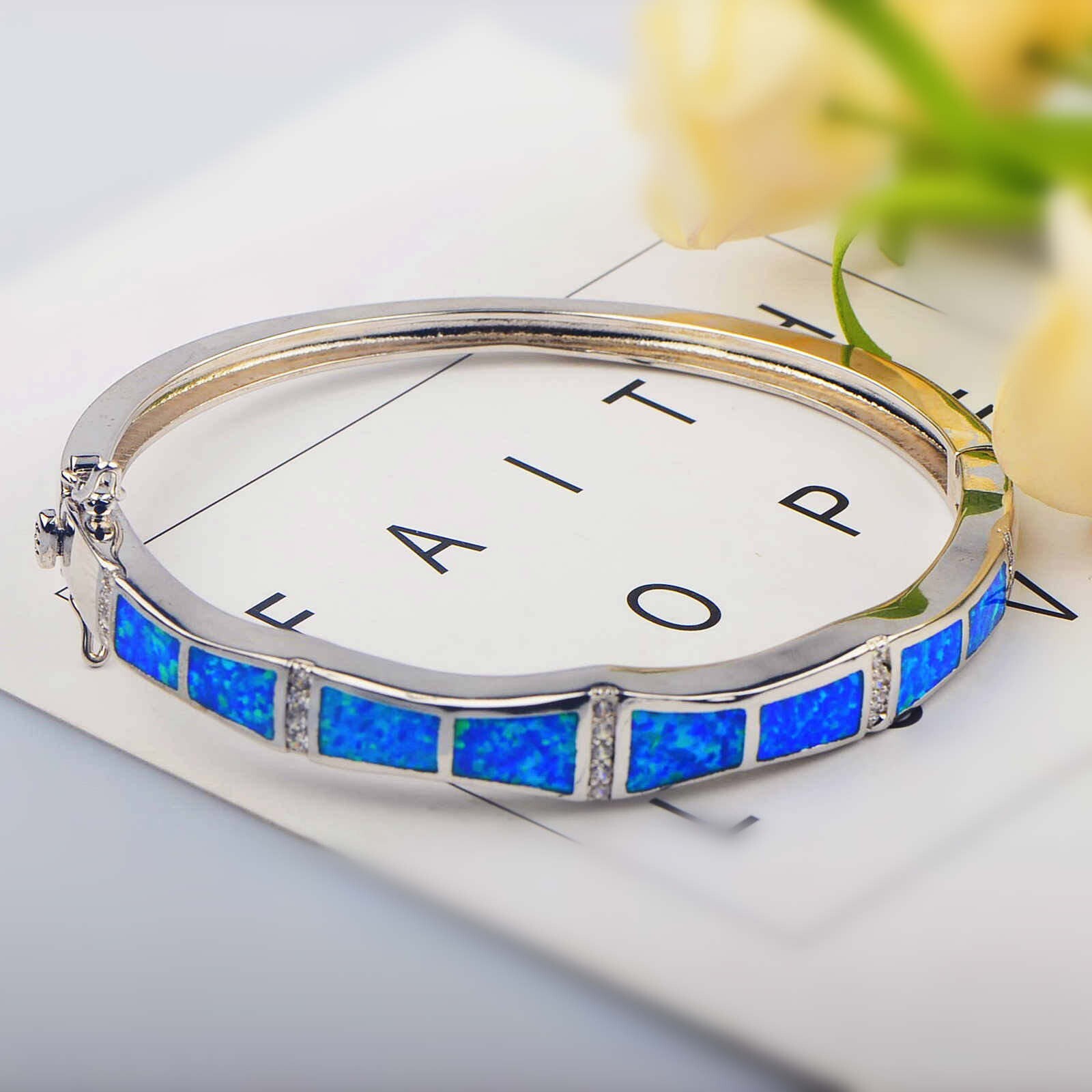 Hawaii Blue Opal Bar Cuff Bangles 925 Sterling Sliver Jewelry For Women Girls