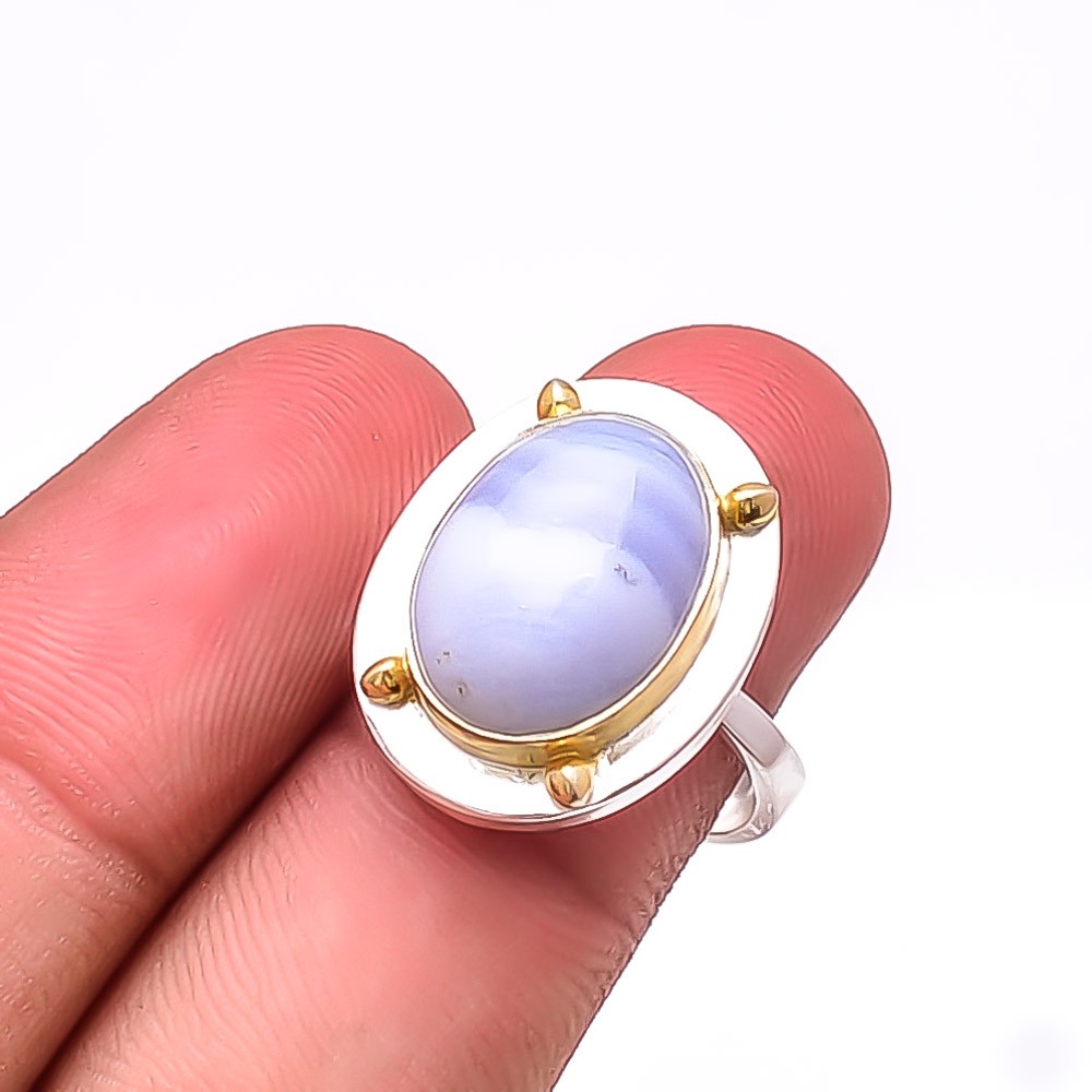 Blue Lace Agate – Namibia Two Tone Designer 925 Sterling Silver Ring S.8 R17