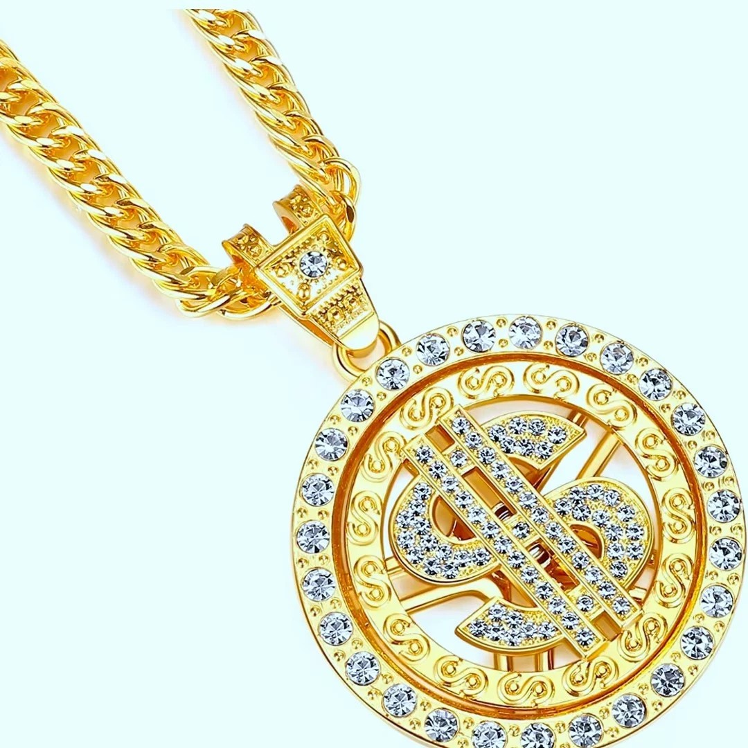 Gold Pimp Rope Chain Bling Spinning Dollar Sign Halloween Accesso Rapper Costume
