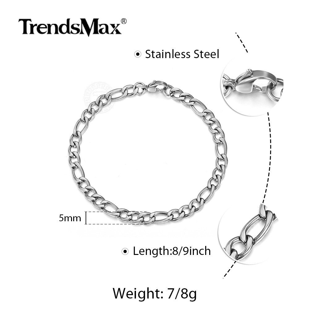 5mm Silver/Gold Plated Figaro Liink Chain Bracelet Stainless Steel Clasp Jewelry