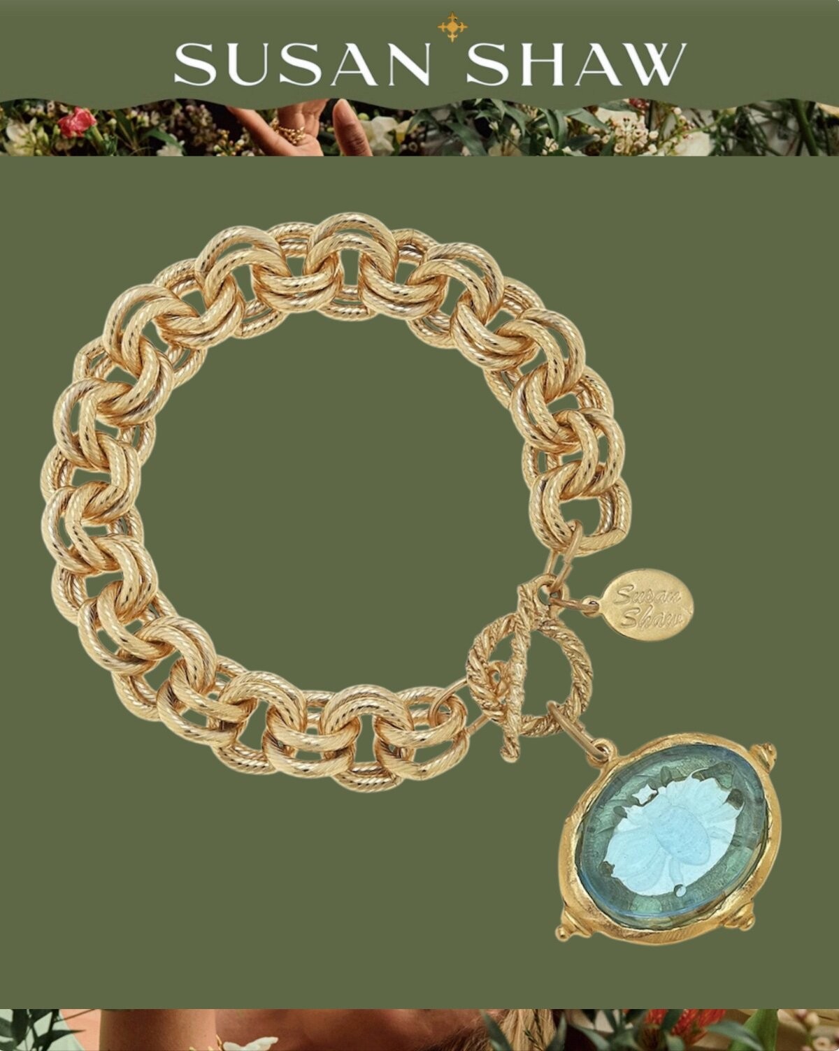 Susan Shaw Jewelry Venetian Glass Bee Double Link Chain Bracelet 24k TPG