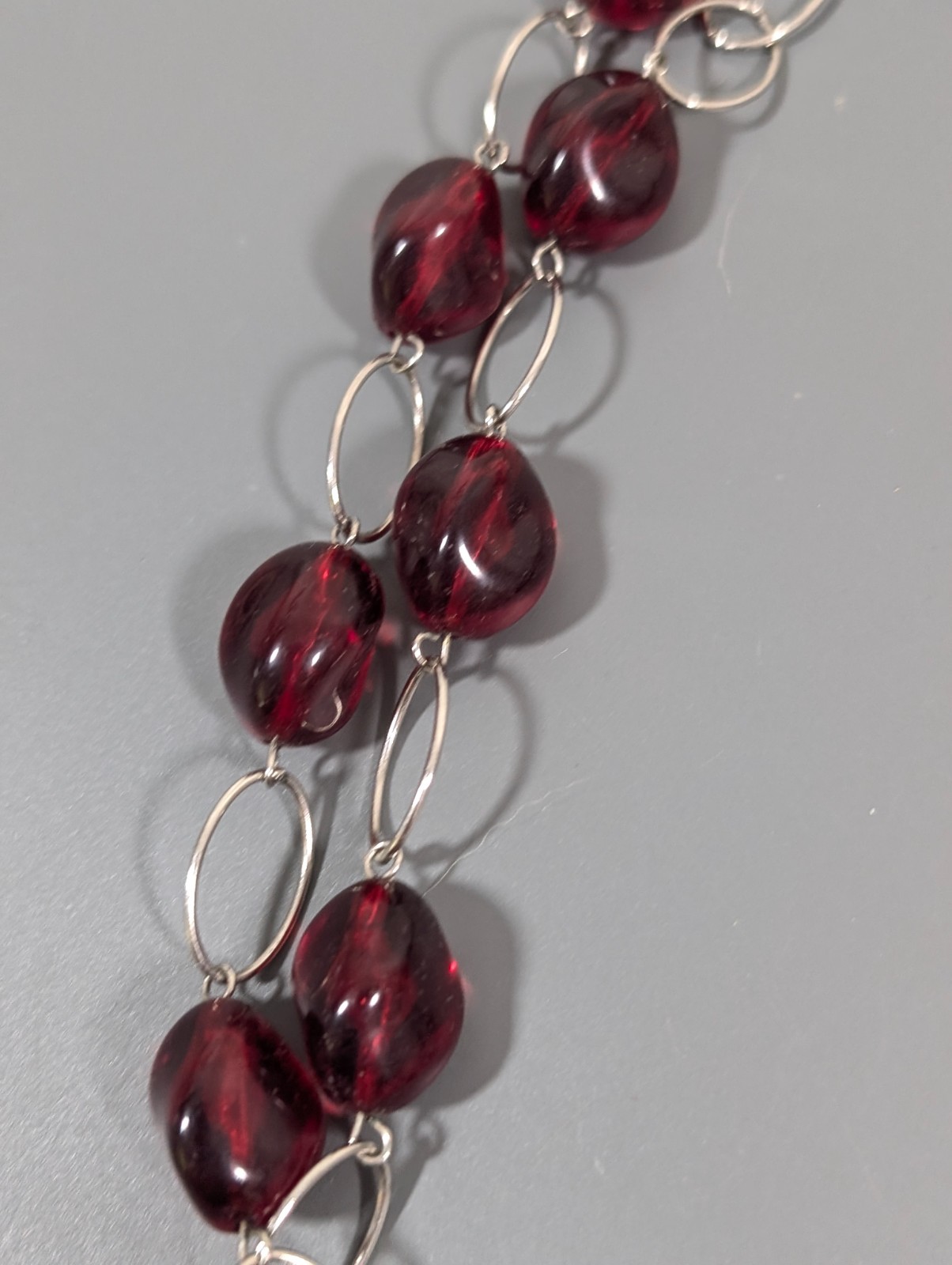 Red Lucite Bead Layered Necklace Statement Oval Chain Link Retro 23 in Bib