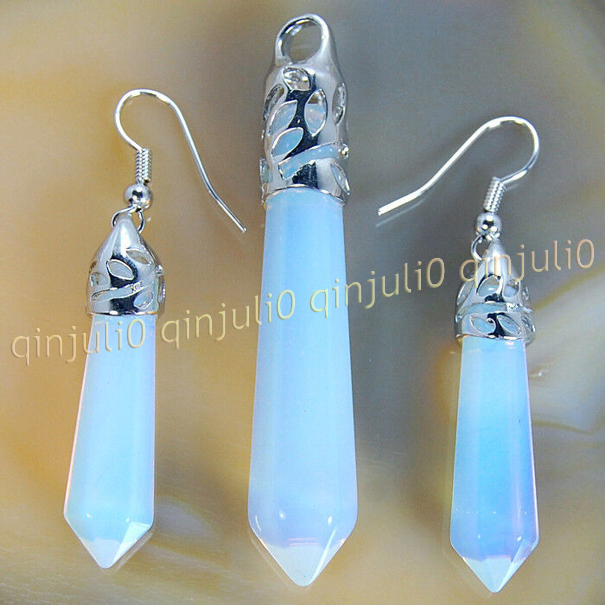 1 Set Natural Gemstones Hexagonal Pointed Reiki Chakra Pendant Earrings Jewelry