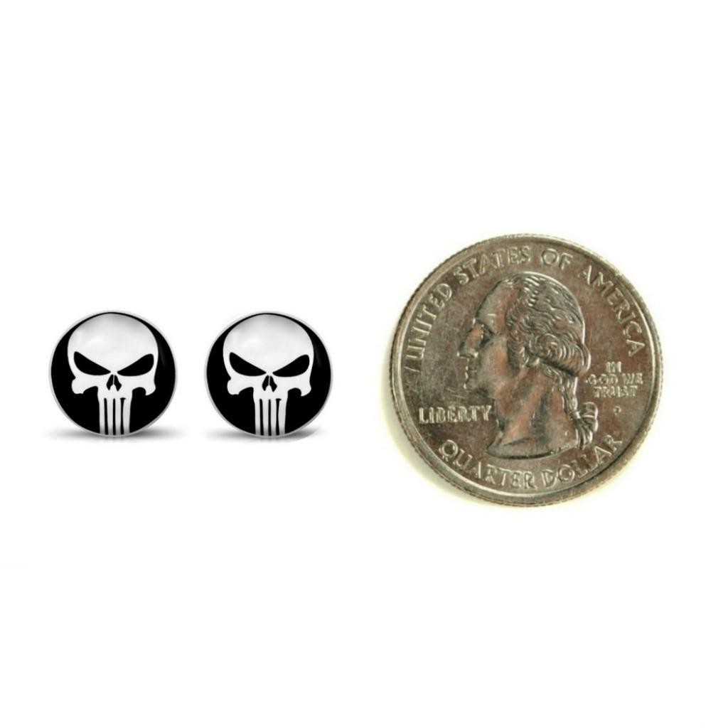 PUNISHER EARRINGS 10mm Round Stud Skull Stainless Steel Post Biker Superhero NEW
