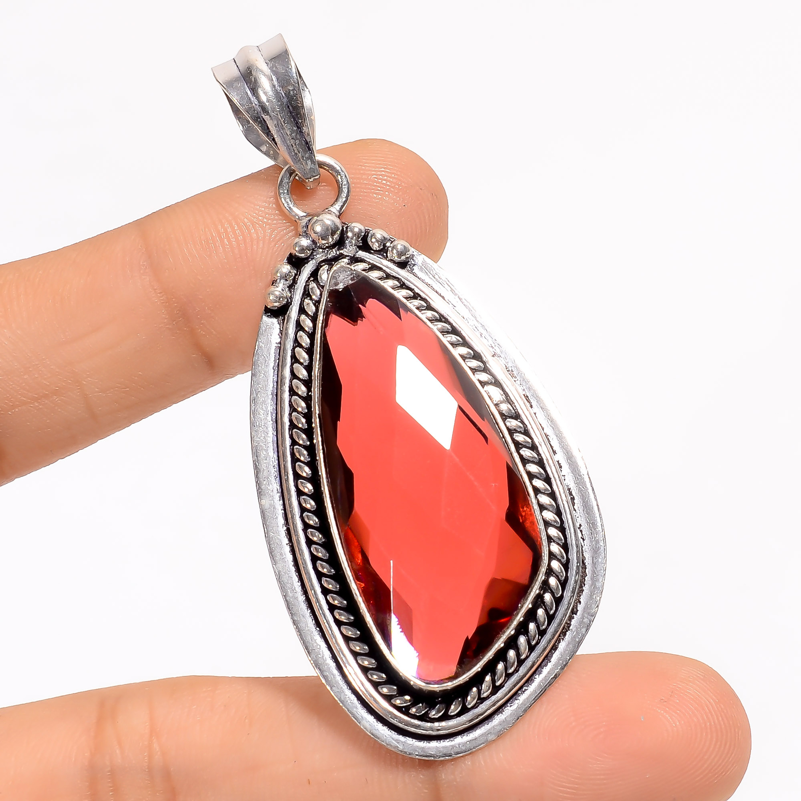 Lab Created Red Garnet Gemstone 925 Silver Handmade Pendant 2.4″ ARP-5129