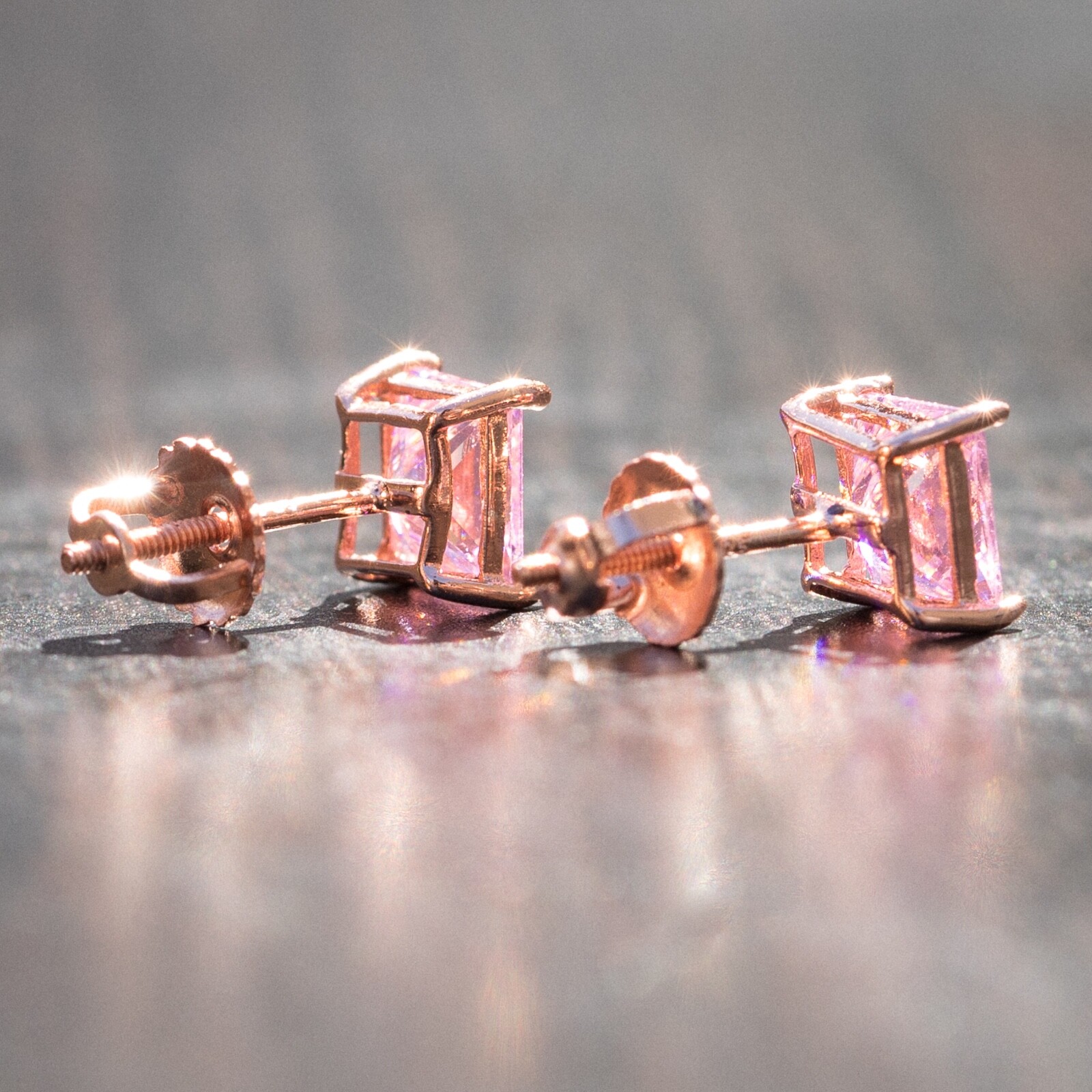 Women’s Rose Gold Plated Princess Cut Sterling Silver Cz Pink Stud Earrings