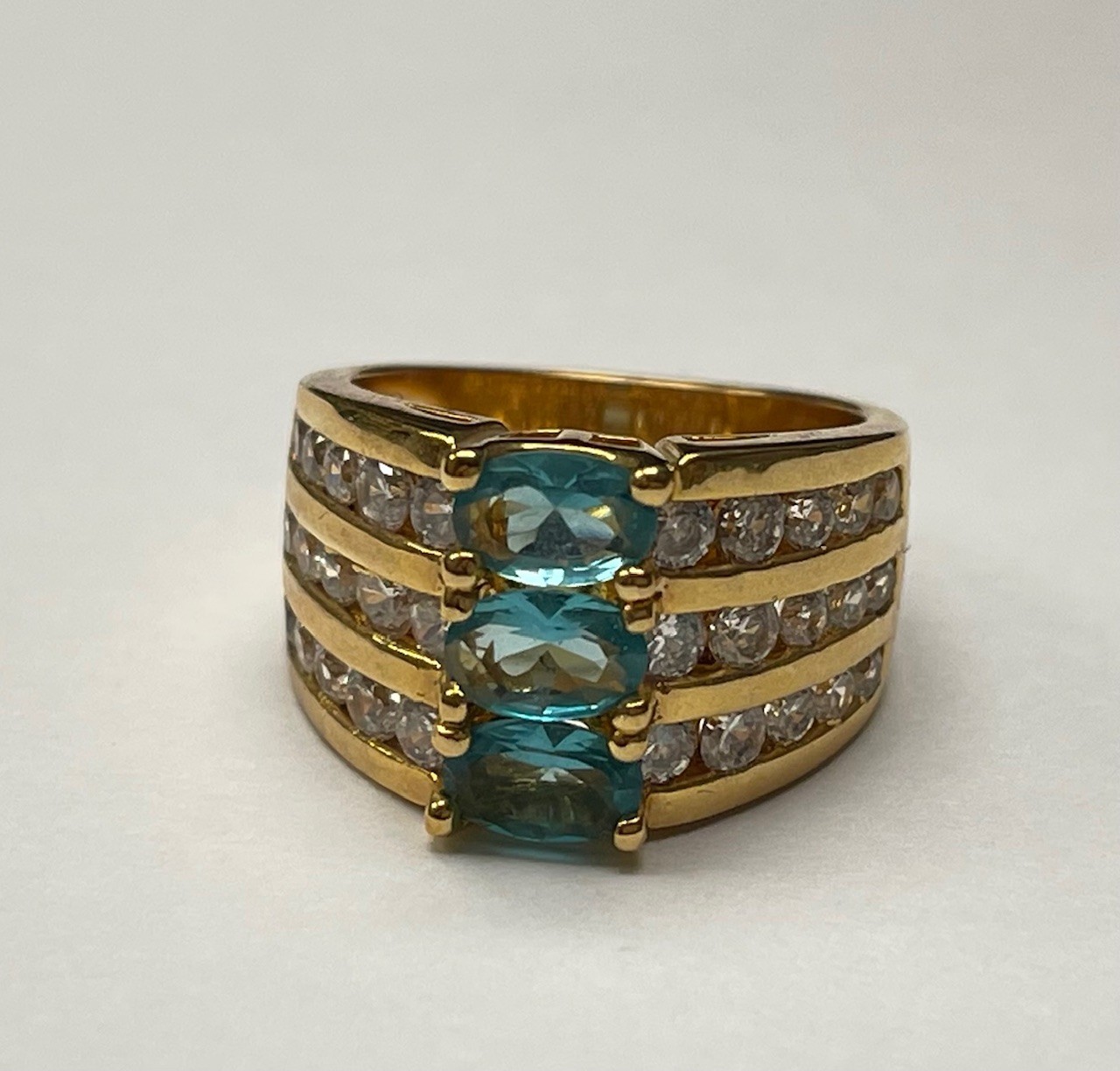 Technibond Simulated Blue Topaz 3 Stone Ring HSN SZ 6 Gold Clad Silver