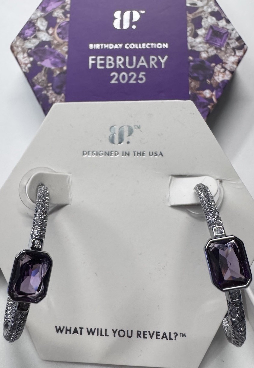 BP Bomb Party The Edge of Sparkle Hematite Plated Amethyst CZ Hoop Earrings Feb