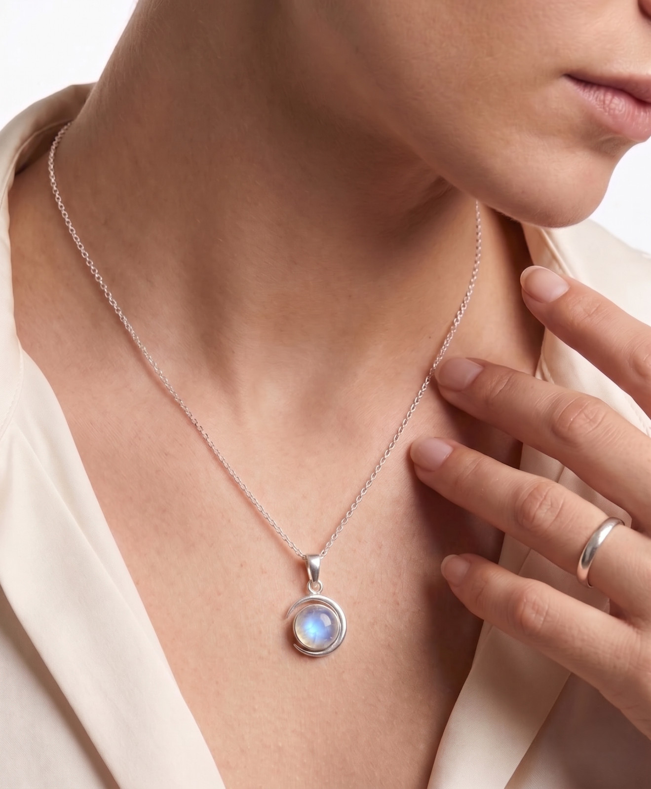 Rainbow Moonstone Handmade Dainty Pendant 925 Sterling Silver Celestial Design