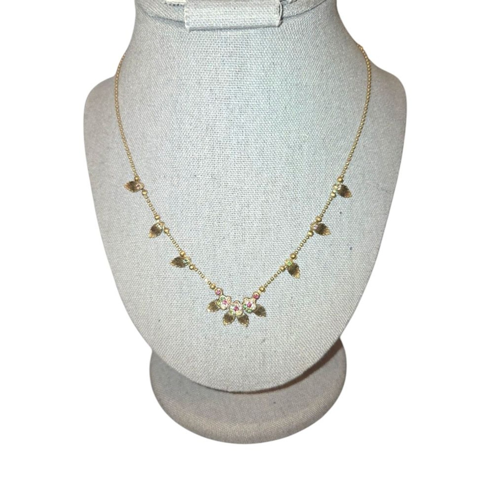 Michal Negrin Signed Swarovski Crystal Flower Bronze Ball Chain Necklace 16″
