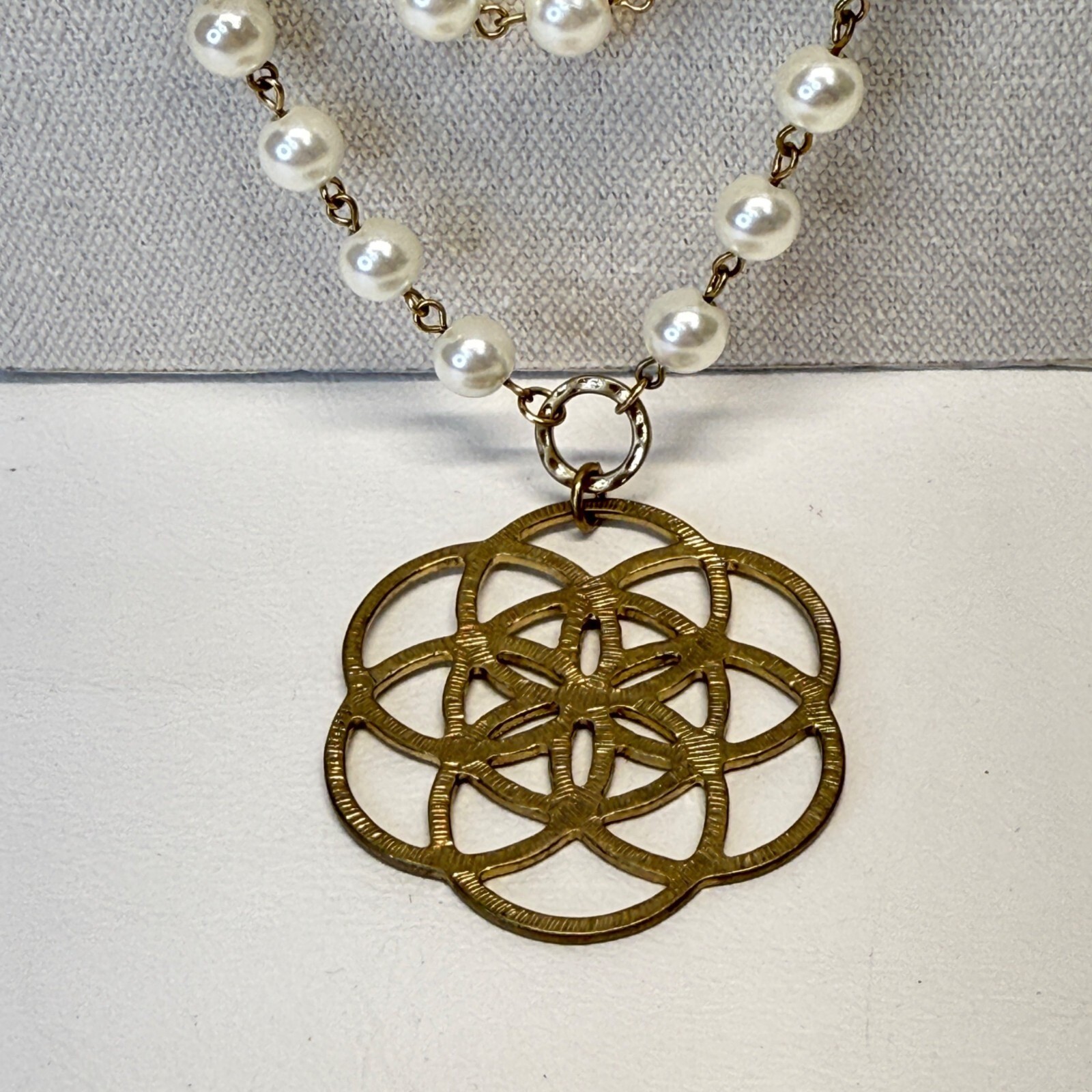 Medallion Pendant Necklace Imitation Pearl Multistrand Station Gold-Tone