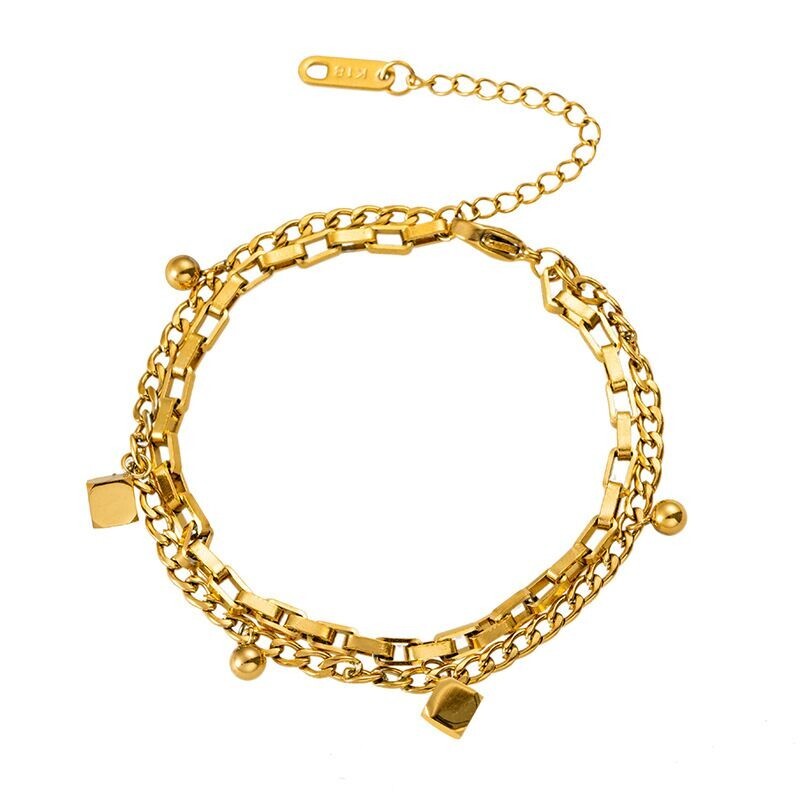 Woman 18K Gold Plated Stainless Steel Cubes Box Curb Chain Bracelet Bangle 7.9”