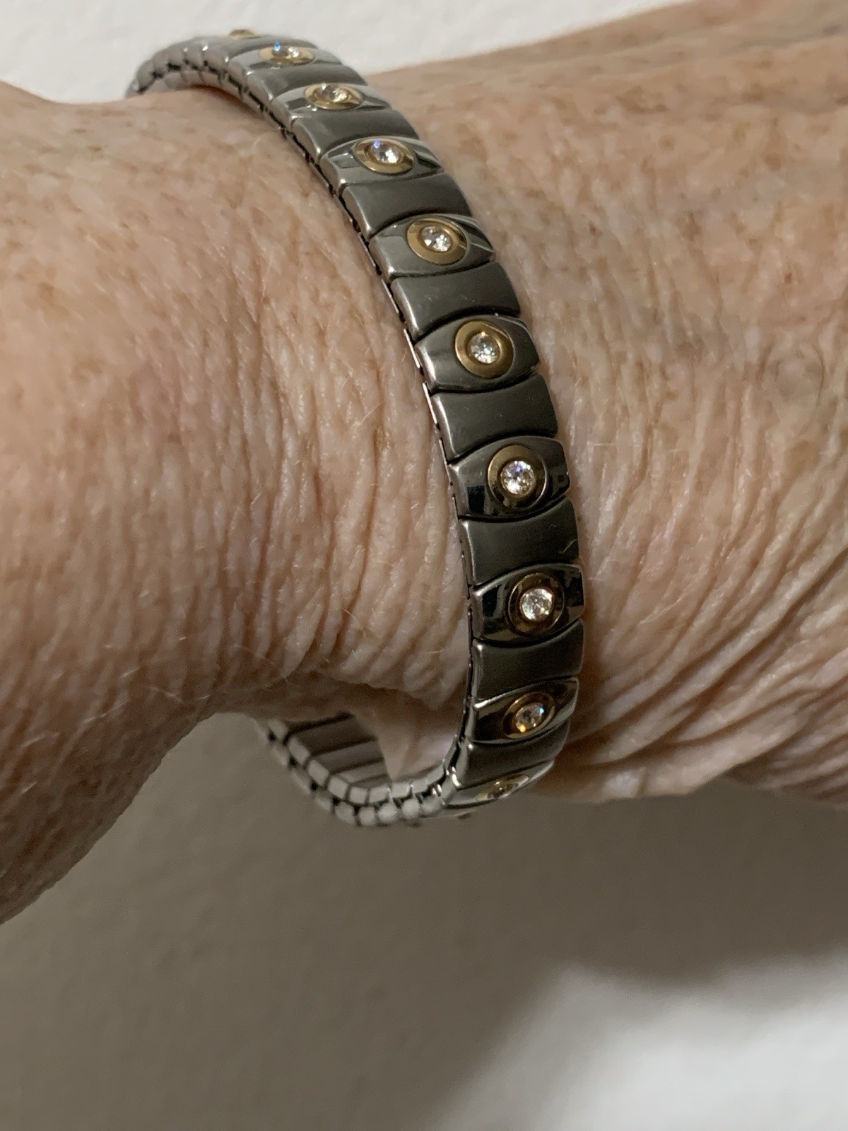 Vintage Speidel Stainless Steele, 14K, CZ Stone Stretch Bracelet,Ring Set,8”,7.5