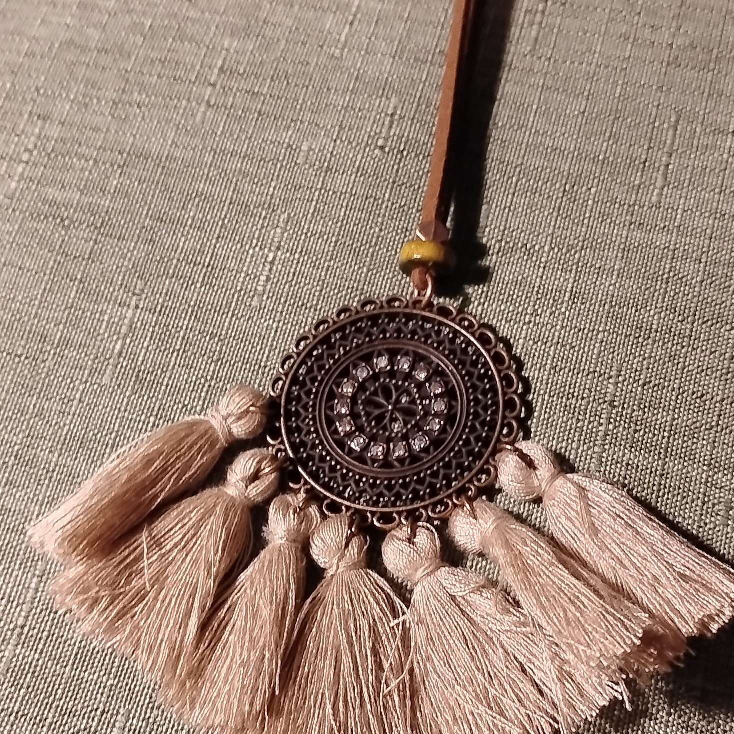 Round Medallion Tassel Fringe Pendant Necklace Brown/Beige Cord Metal. 3097.