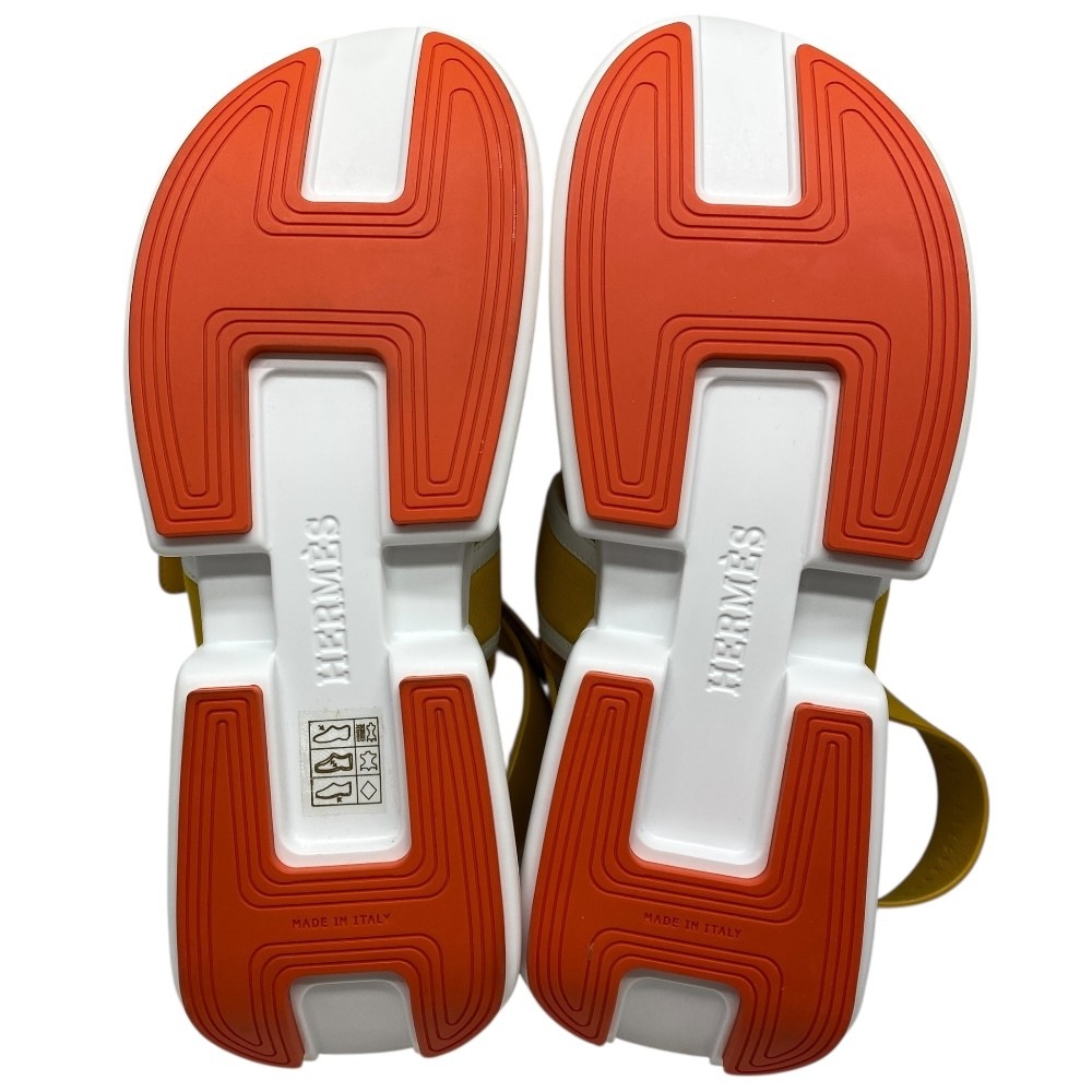 HERMES Geek Sandals Flat Platform Ankle Strap Leather Yellow White Size 26cm Piq