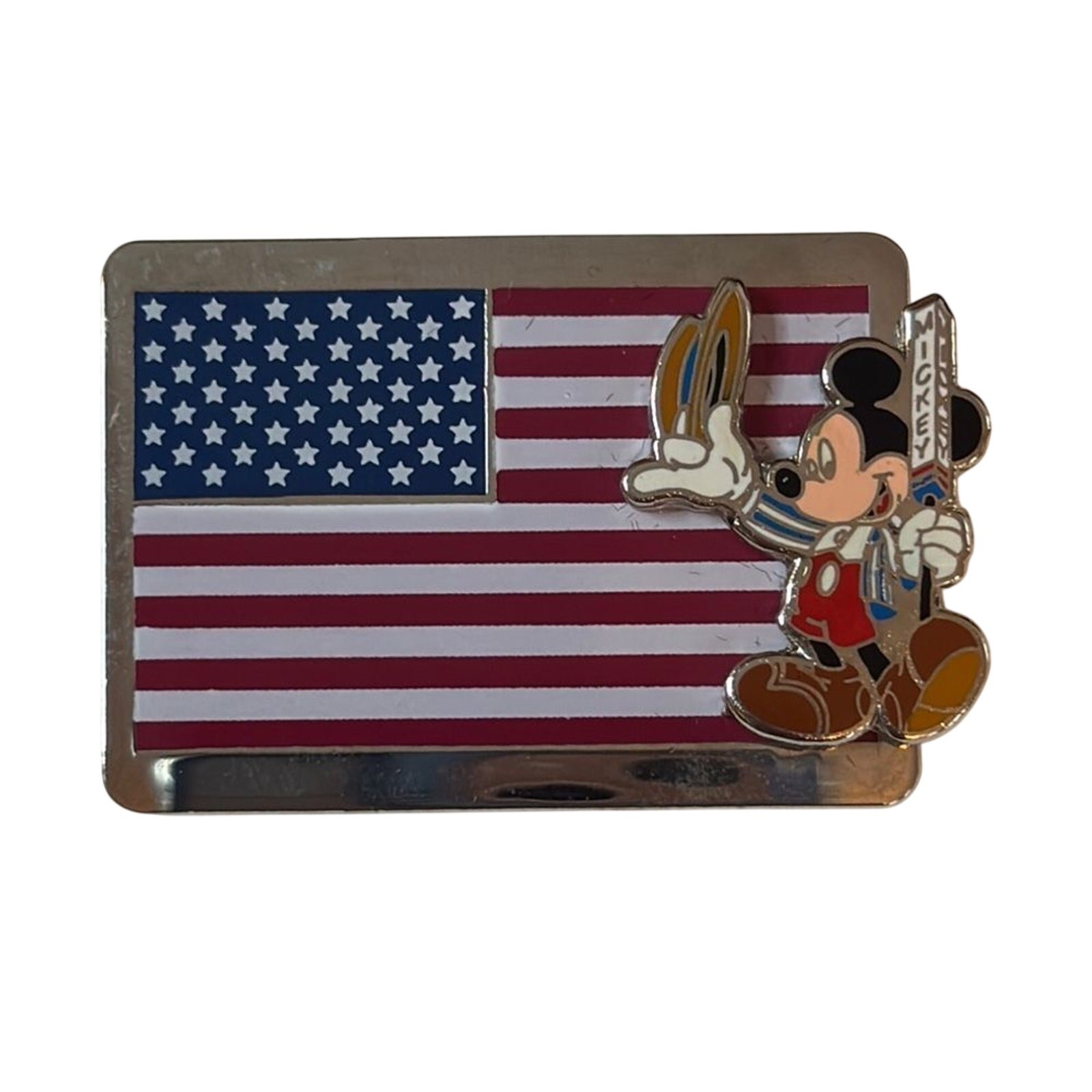 Disney Mickey Mouse American Flag Pin USA Patriotic Enamel Brooch Silver Tone