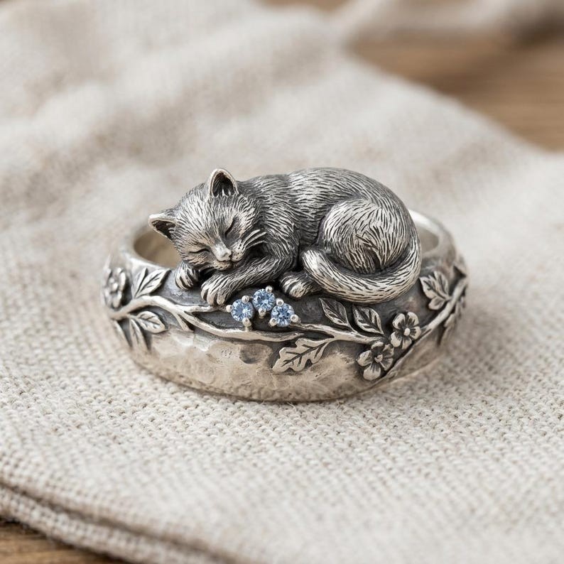 925 Sterling Silver Sleeping Cat Ring Vintage Aquamarine CZ Floral Band New