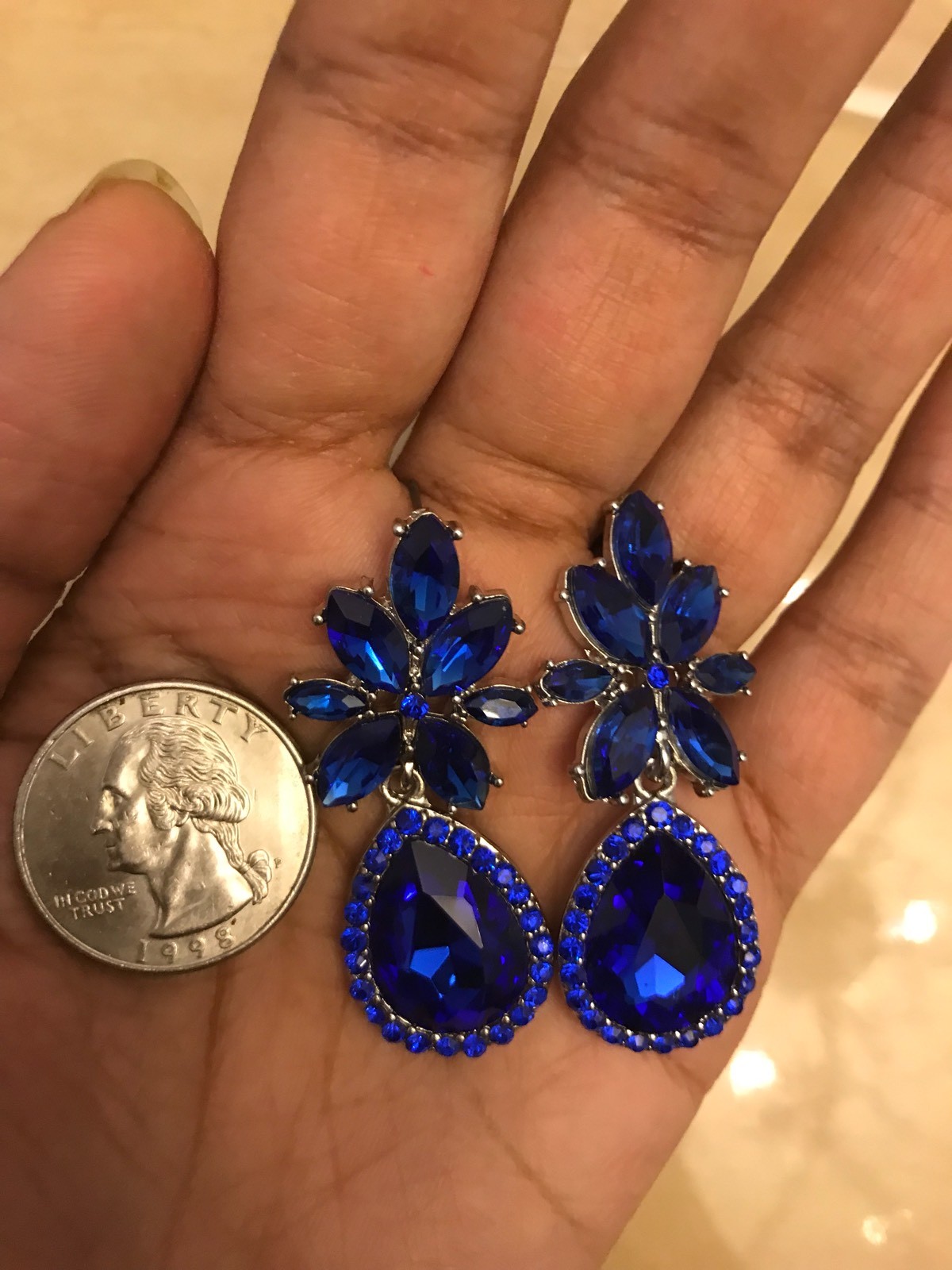 Royal Blue Earrings Silver Dangle Rhinestone Teardrop Crystal Pageant Prom