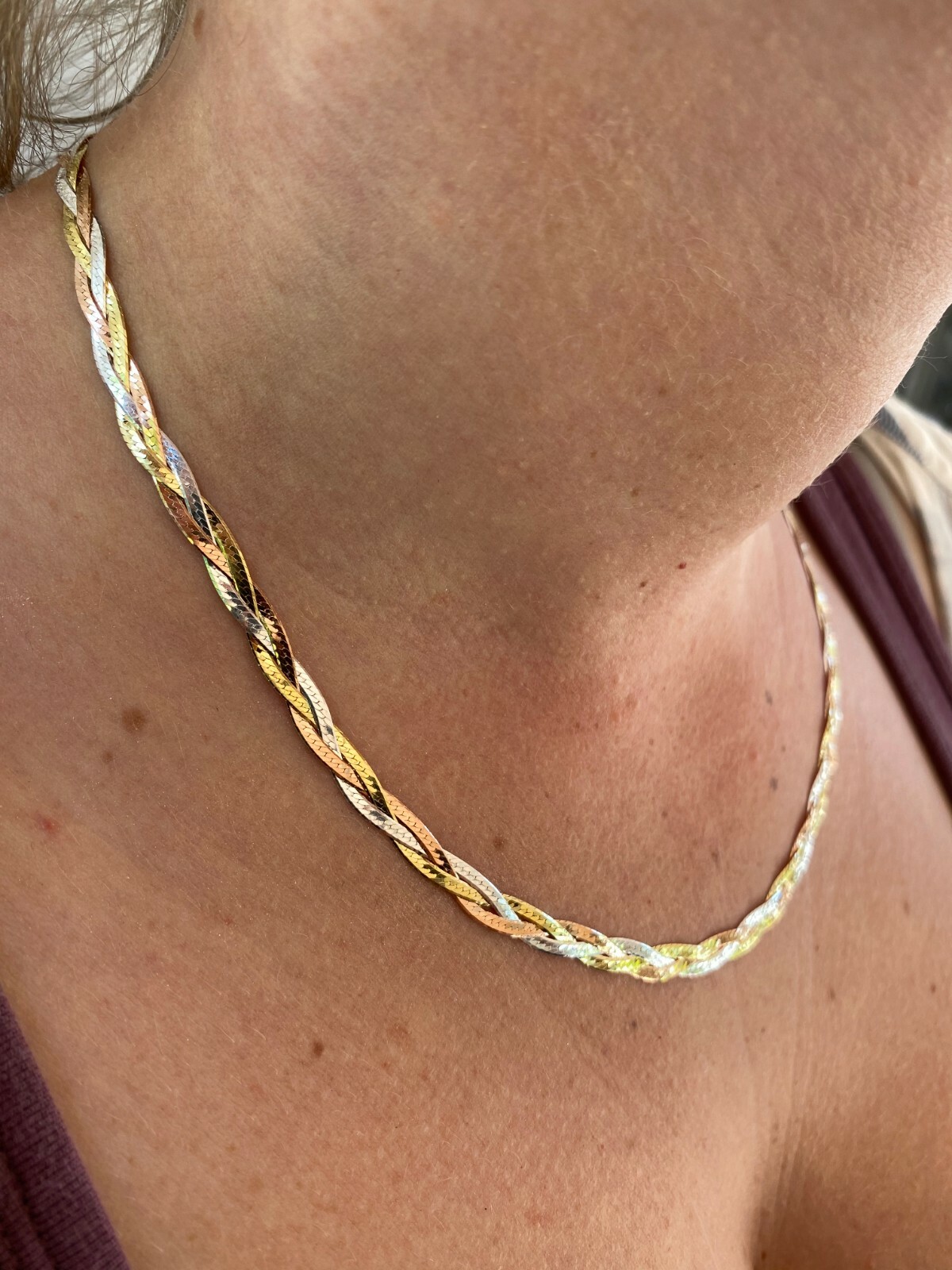 925 Silver Tri-Color Yellow Rose Gold Plated Twisted Braided Herringbone Chain