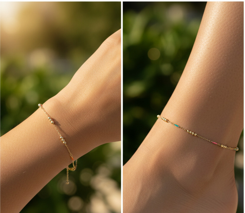 Gold Plated Enamel & Bead Chain Handmade Minimalist Chic Multi-Color Anklet