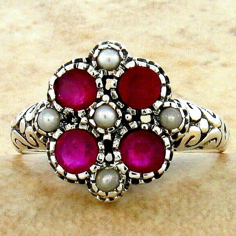 GENUINE RUBY & PEARL 925 STERLING SILVER NOUVEAU ANTIQUE STYLE RING 117X