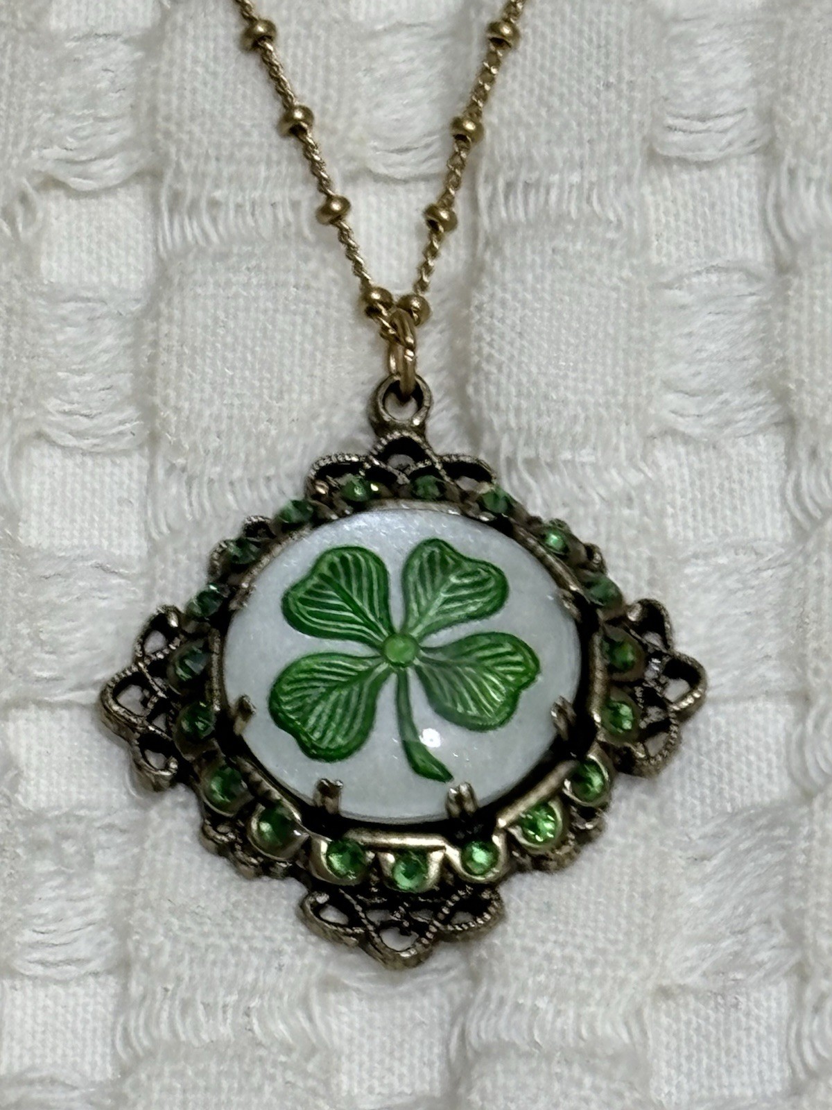 Anne Koplik Four Leaf Clover Irish Luck Crystal Pendant Necklace 16-18” Made USA
