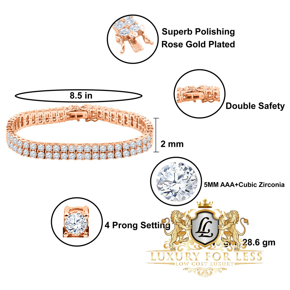 High Quality AAA+ Grade Simulated Diamond Rose Gold 2 Row Tennis Bracelet Unisex