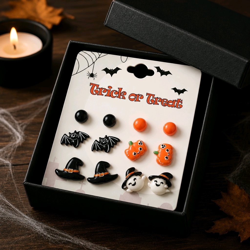 Spooky Halloween Earring Set 6 Pairs Cute Ghost Pumpkin Bat Witch Hat Studs NEW