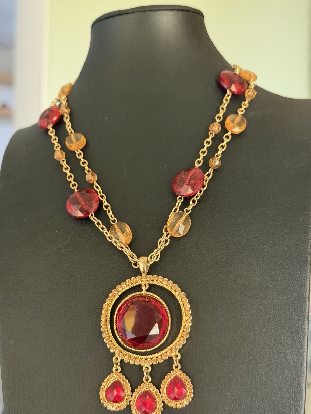 Birch Hill Double Strand Red and Gold Acrylic Beaded Stations Necklace 22″