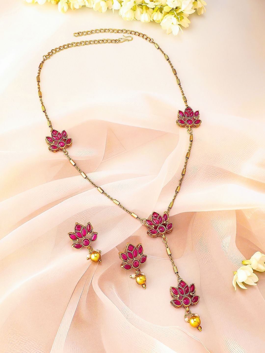 Indian Gold Plated Ruby Pink Studded Layered Lotus Necklace Earrings Jewelry Set