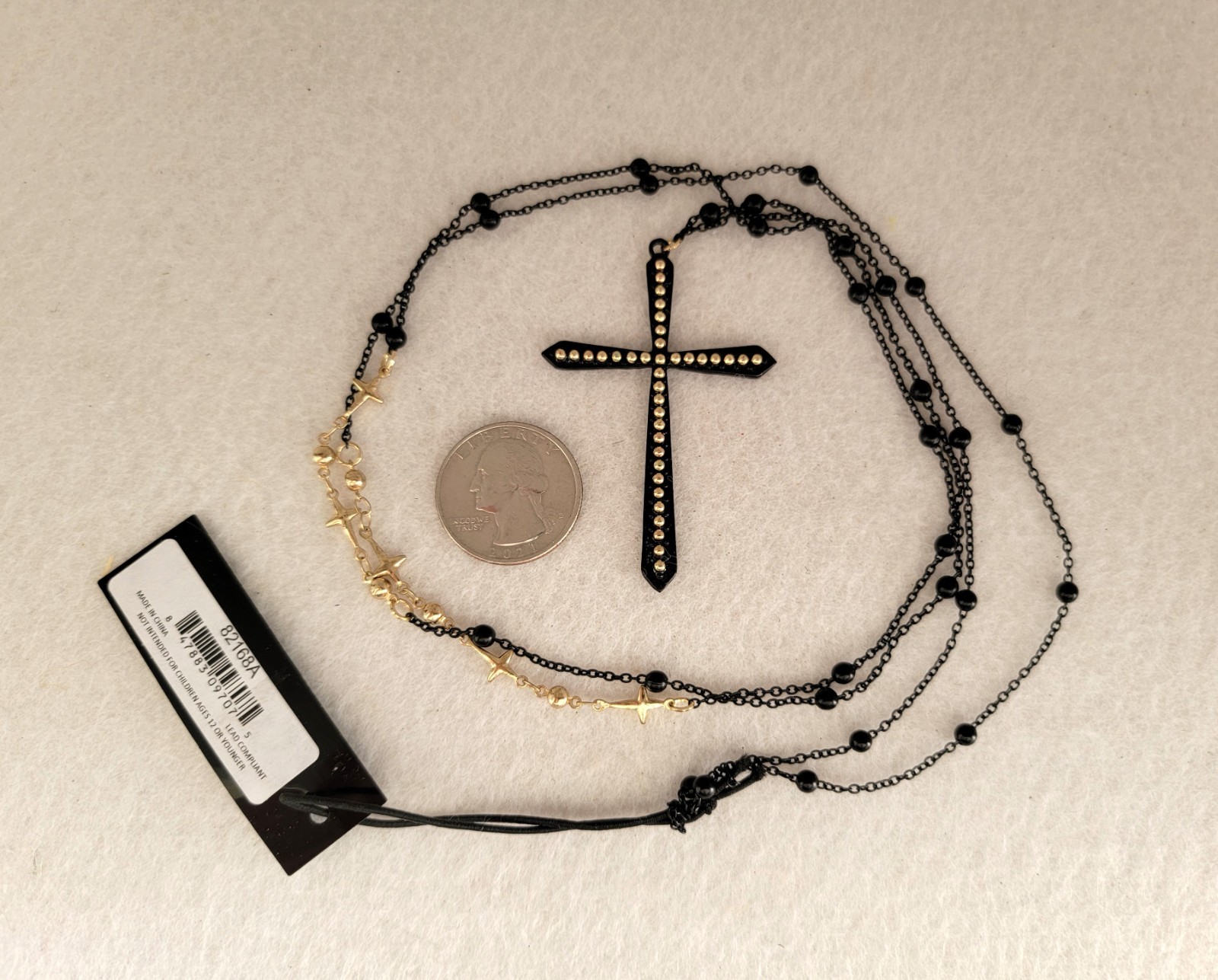 Cross Necklace BLACK GOLD Beaded Chain Long Length Double Neck Wrap 38″ New