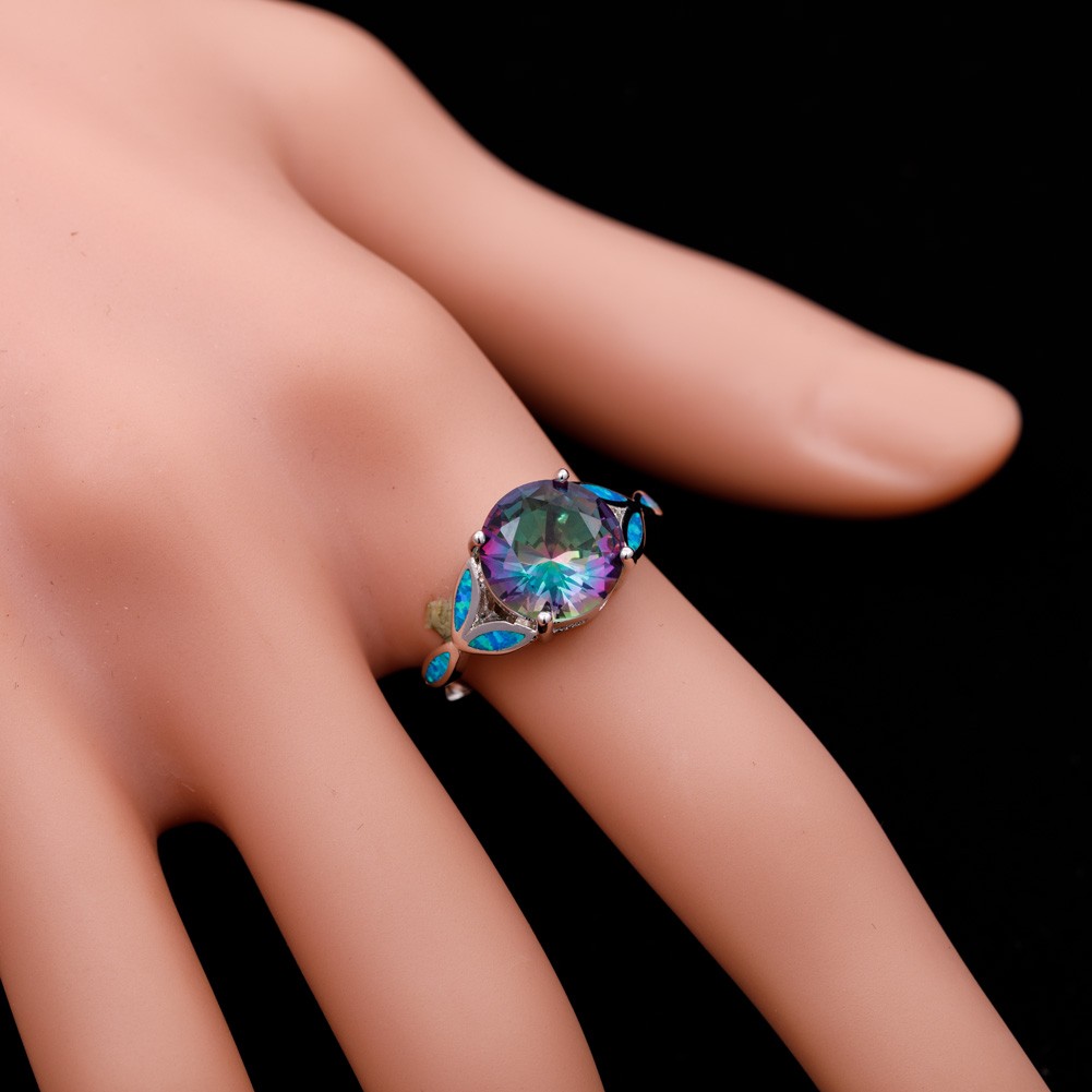 10mm Round Rainbow Mystic Topaz Blue Fire Opal Silver Jewelry Ring Size 7 8 9 10