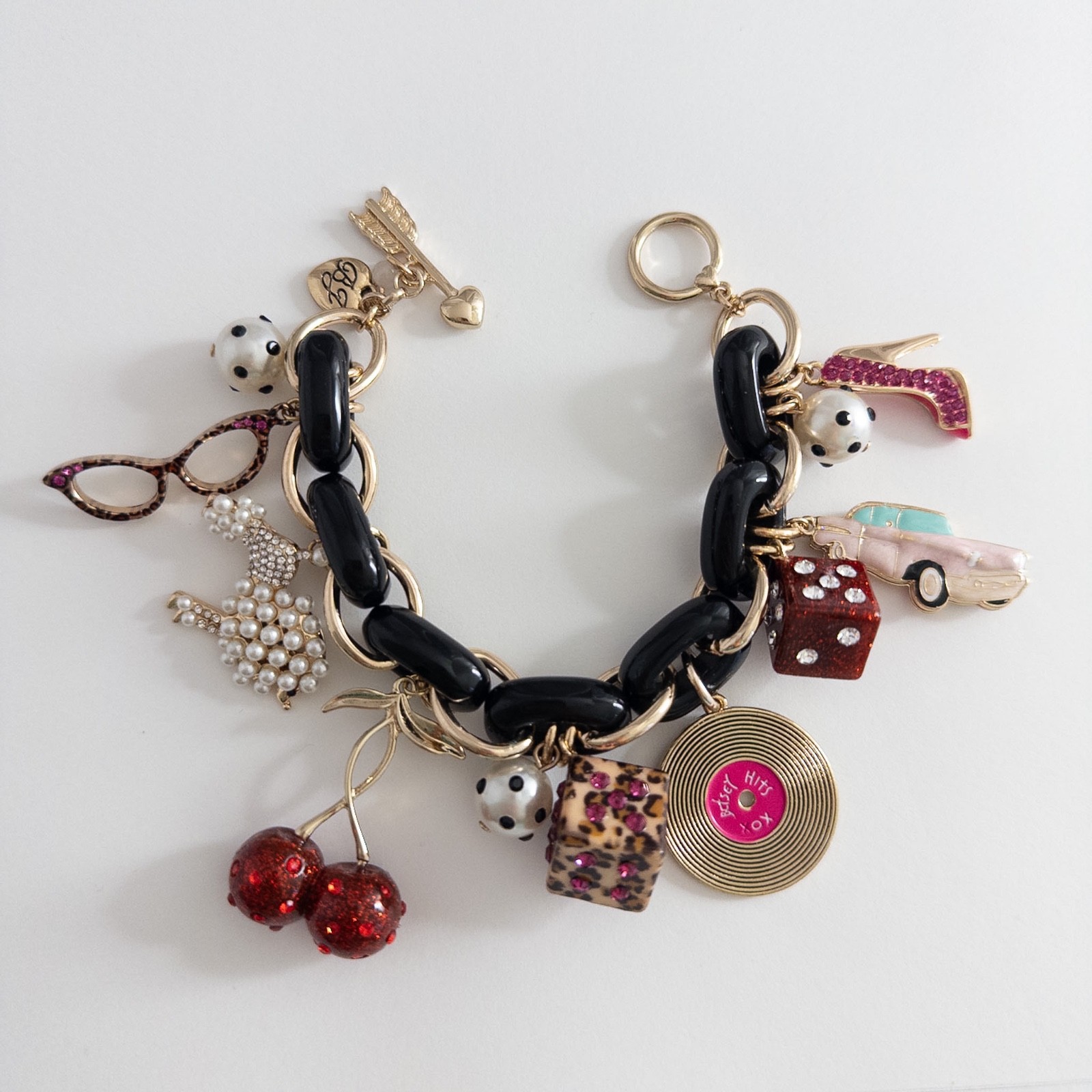 Betsey Johnson Retro Glam Charm Dice Car Record Heart Leopard Bracelet RARE