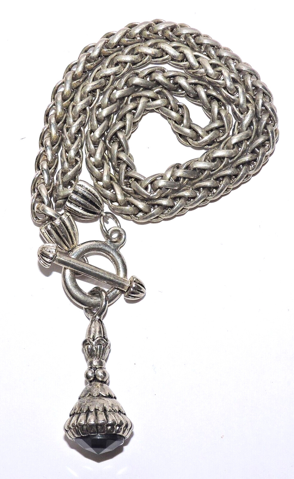 Silver Tone 16″ WHEAT LINK CHAIN NECKLACE Etruscan Style BLACK FOB / AMULET