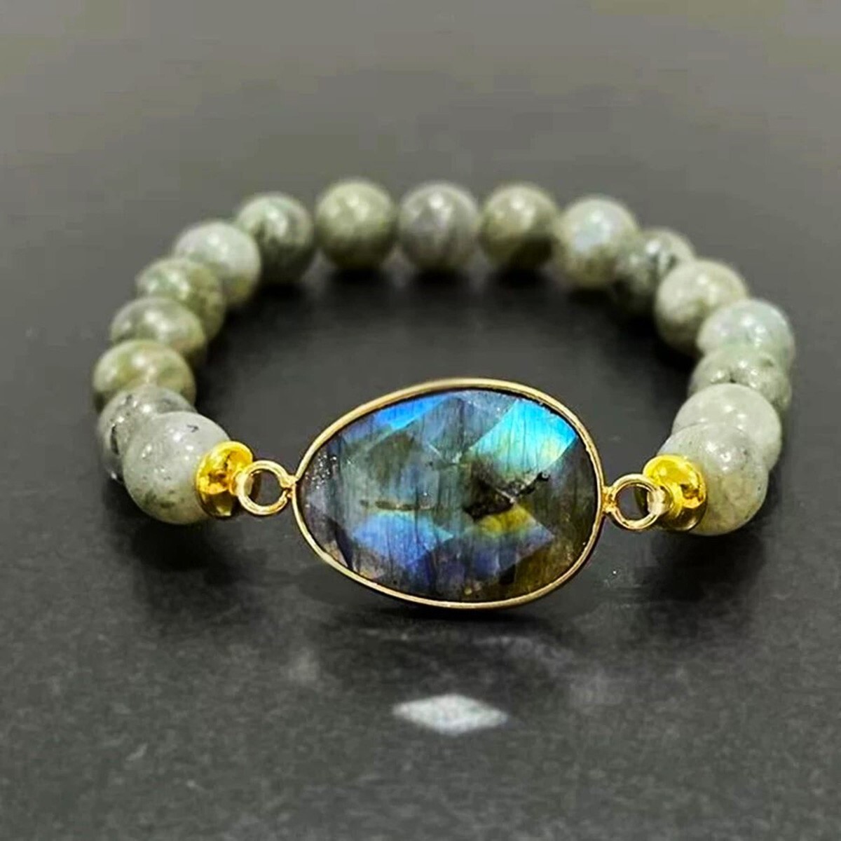 Handmade Natural Labradorite Elastic Stretch Bracelet with Labradorite Raw Stone