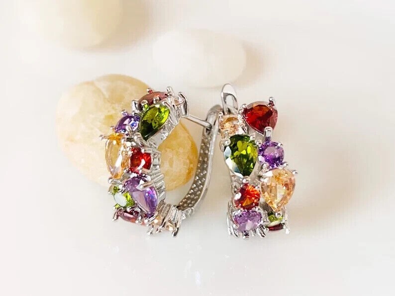 2.10 CT Simulated Pear Cut Multigemstone Hoop Earrings In 14K White Gold Plated