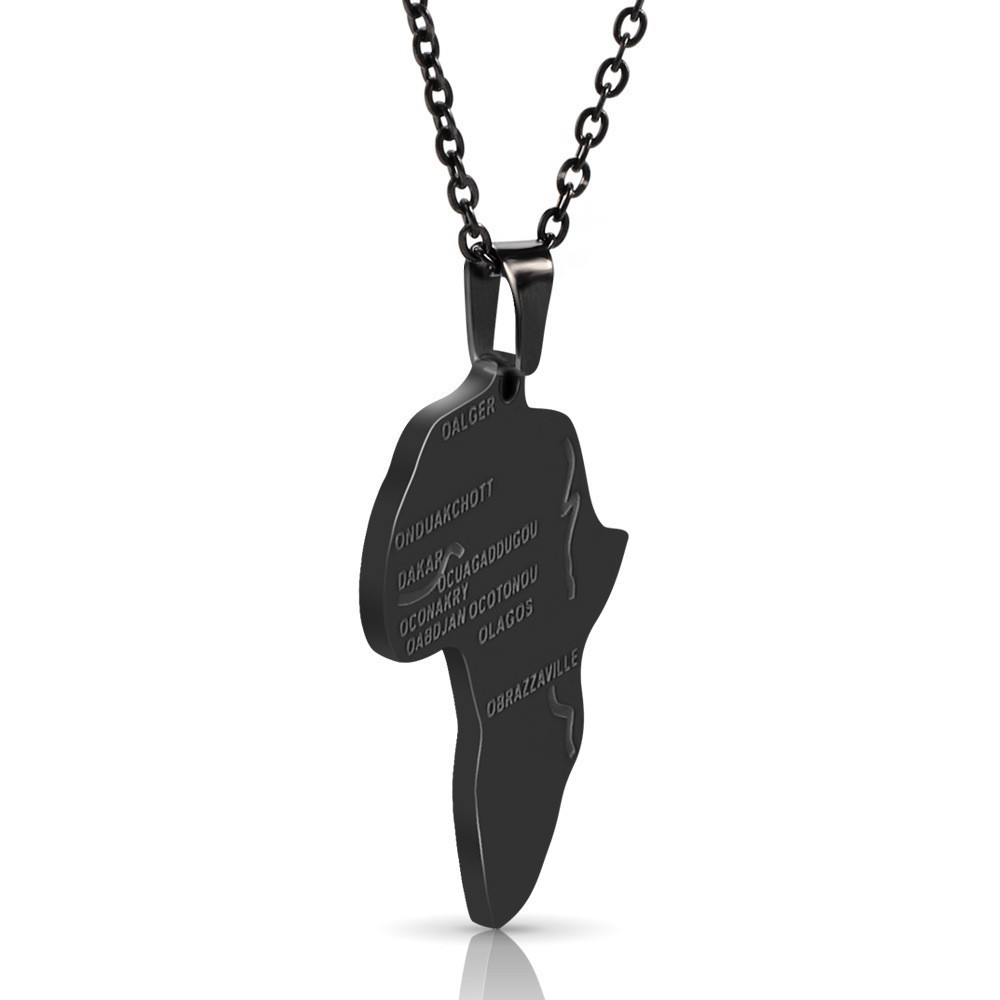 Black Africa Map Pendant Necklace, Capital Cities Stainless Steel Jewelry