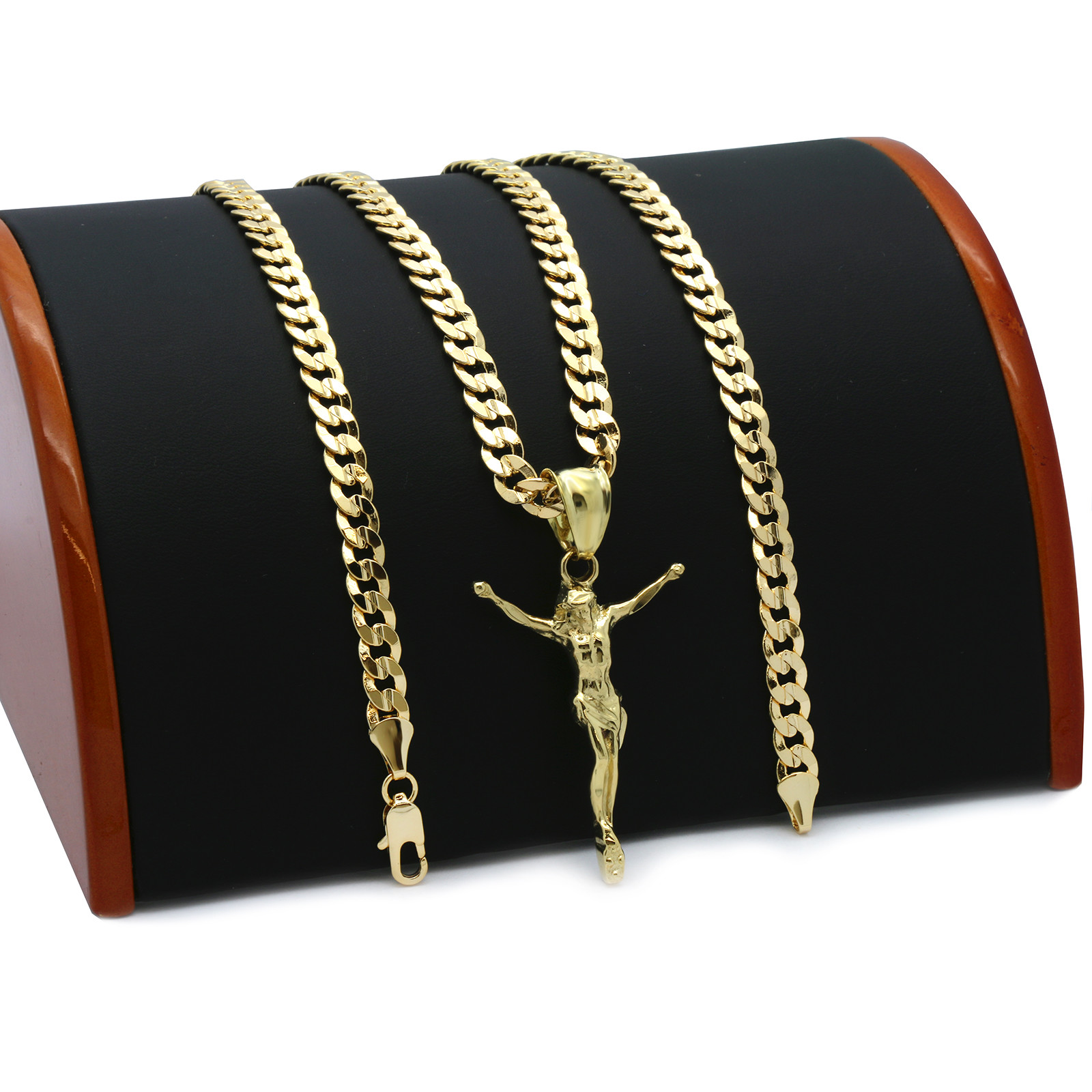 Men’s 14k Gold Plated SMALL Jesus Pendant 5mm 24″ Cuban Necklace Chain