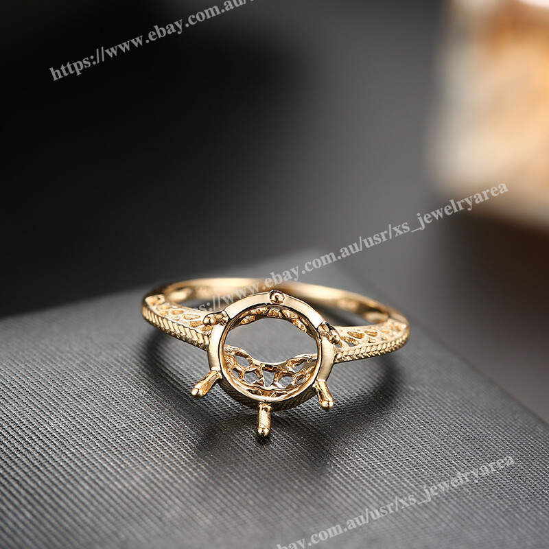 Six Prong Semi Mount Ring Brilliant Solid 14k Yellow Gold Round Cut 8.5mm to 9mm