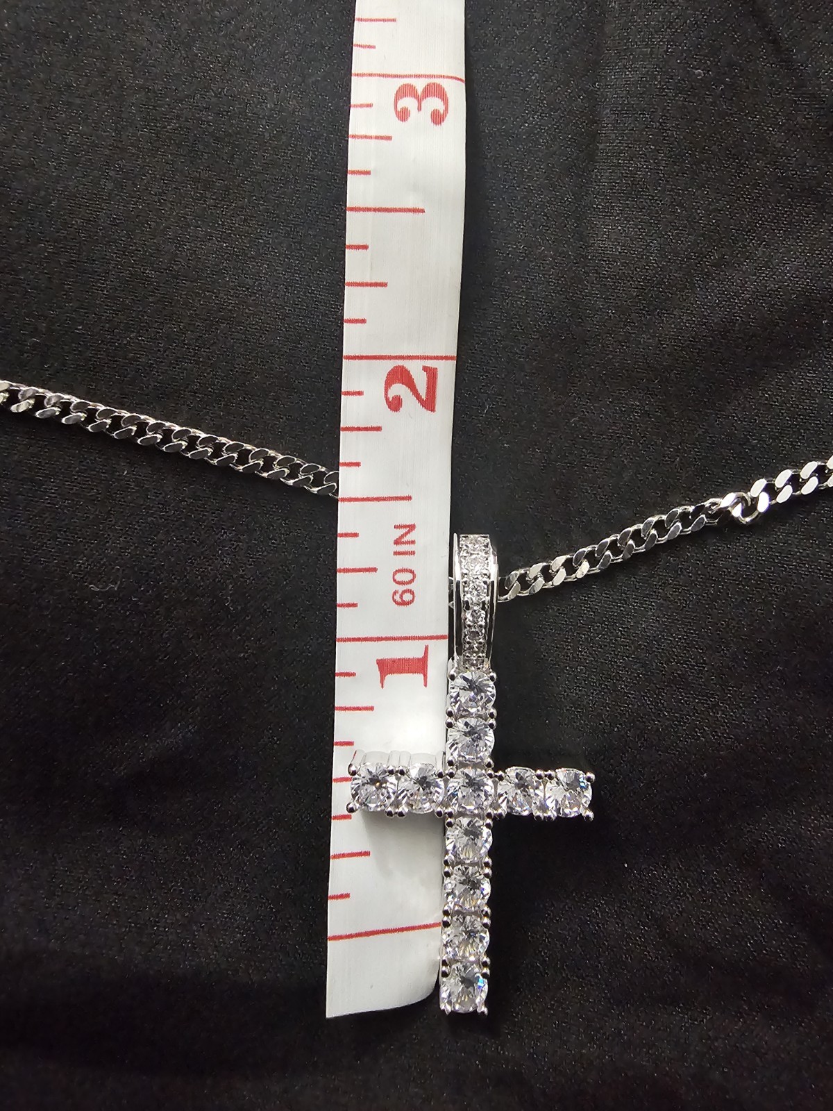 20in. 2.4mm stainless stl chain w/ a Silver plated Cross Pendant 11 prong set CZ