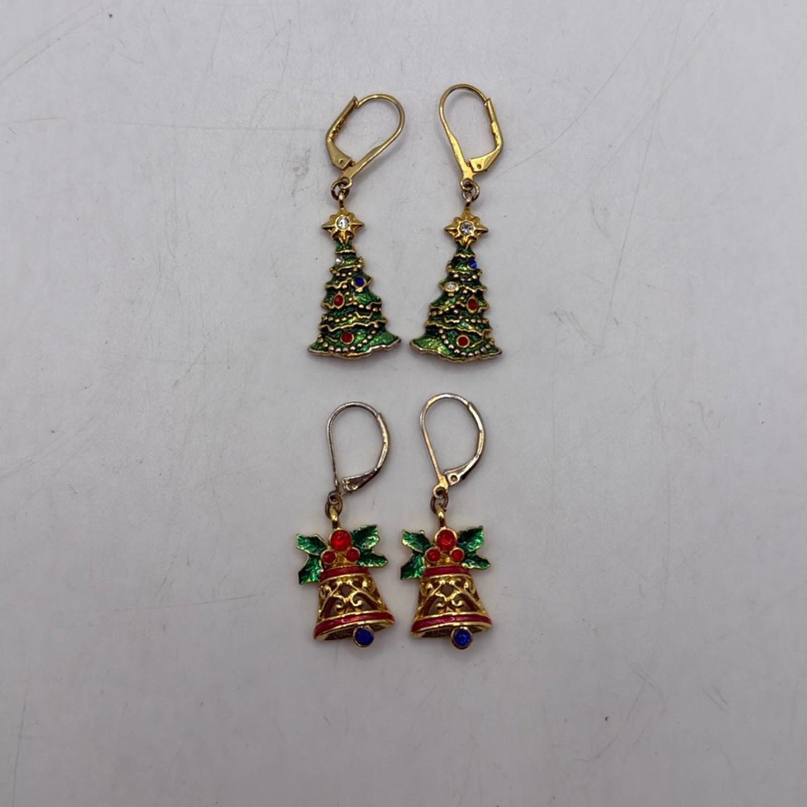 Vtg Christopher Radko Dangle Drop Earrings Set 2 Christmas Tree Bell Jewelry