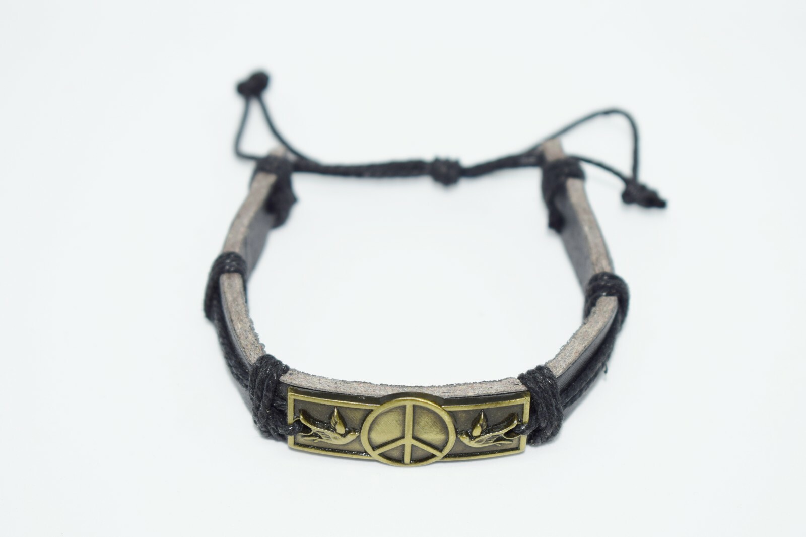Peace bracelet black leather and waxed cotton cord with peace symbol adjustable