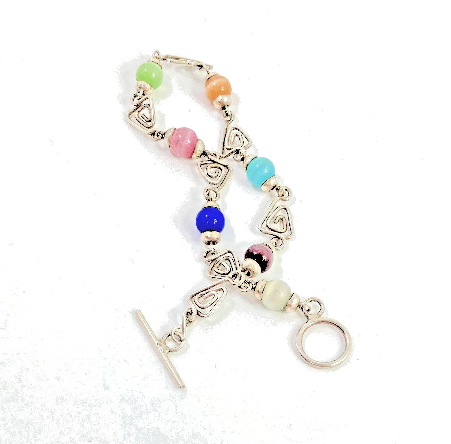 925 Silver & Multicolored Cat’s Eye Glass Triangle Link Chain Bracelet 8 in long