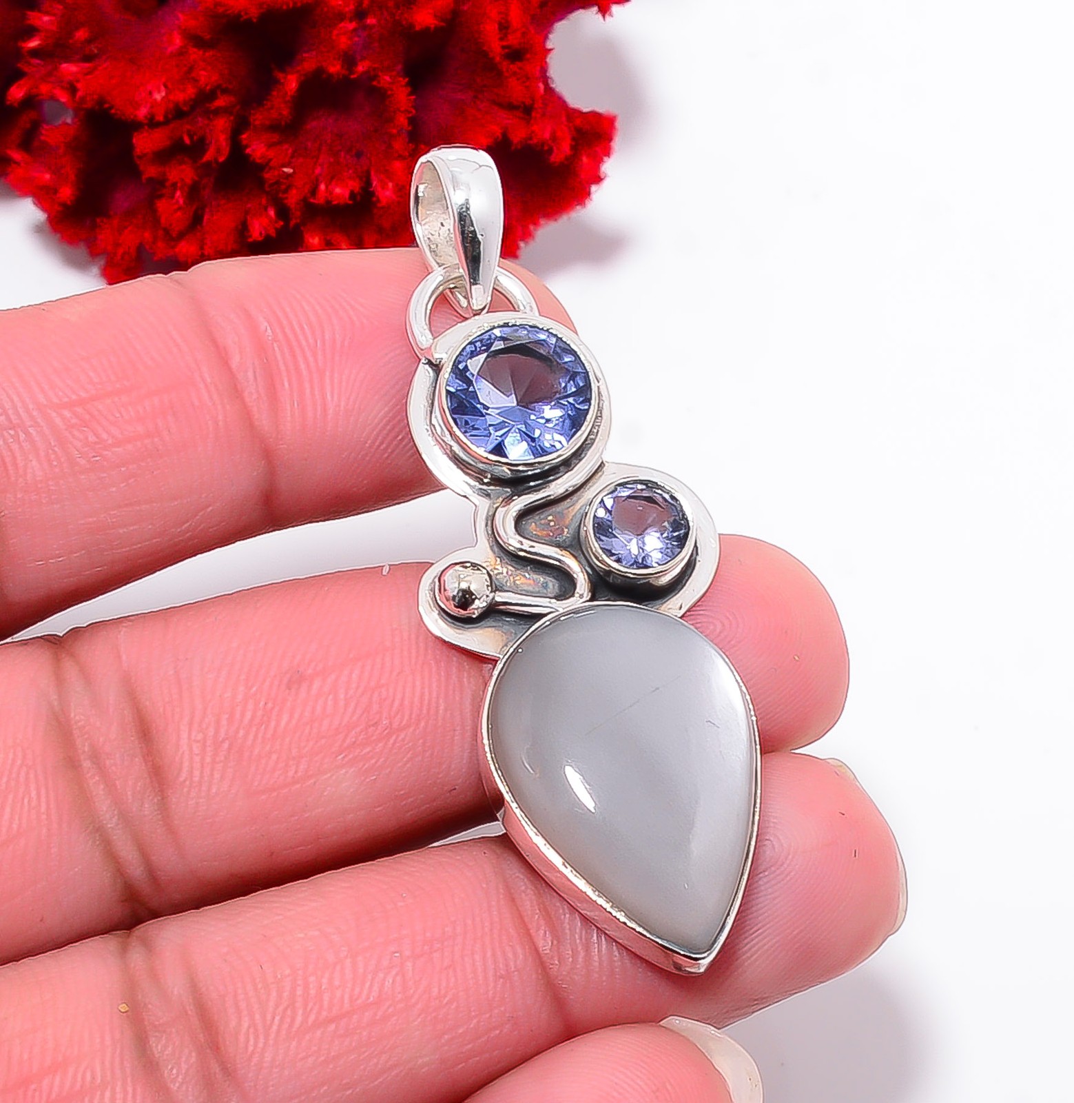Gray Moonstone – Sri Lanka & Iolite 925 Sterling Silver Pendant 2.11″ P94331