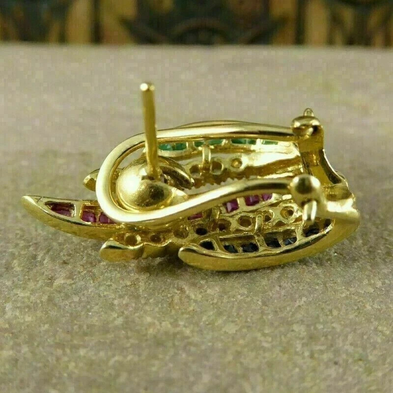 14K Yellow Gold Plated 2.2Ct Simulated Sapphire Ruby Emerald Omega Back Earrings