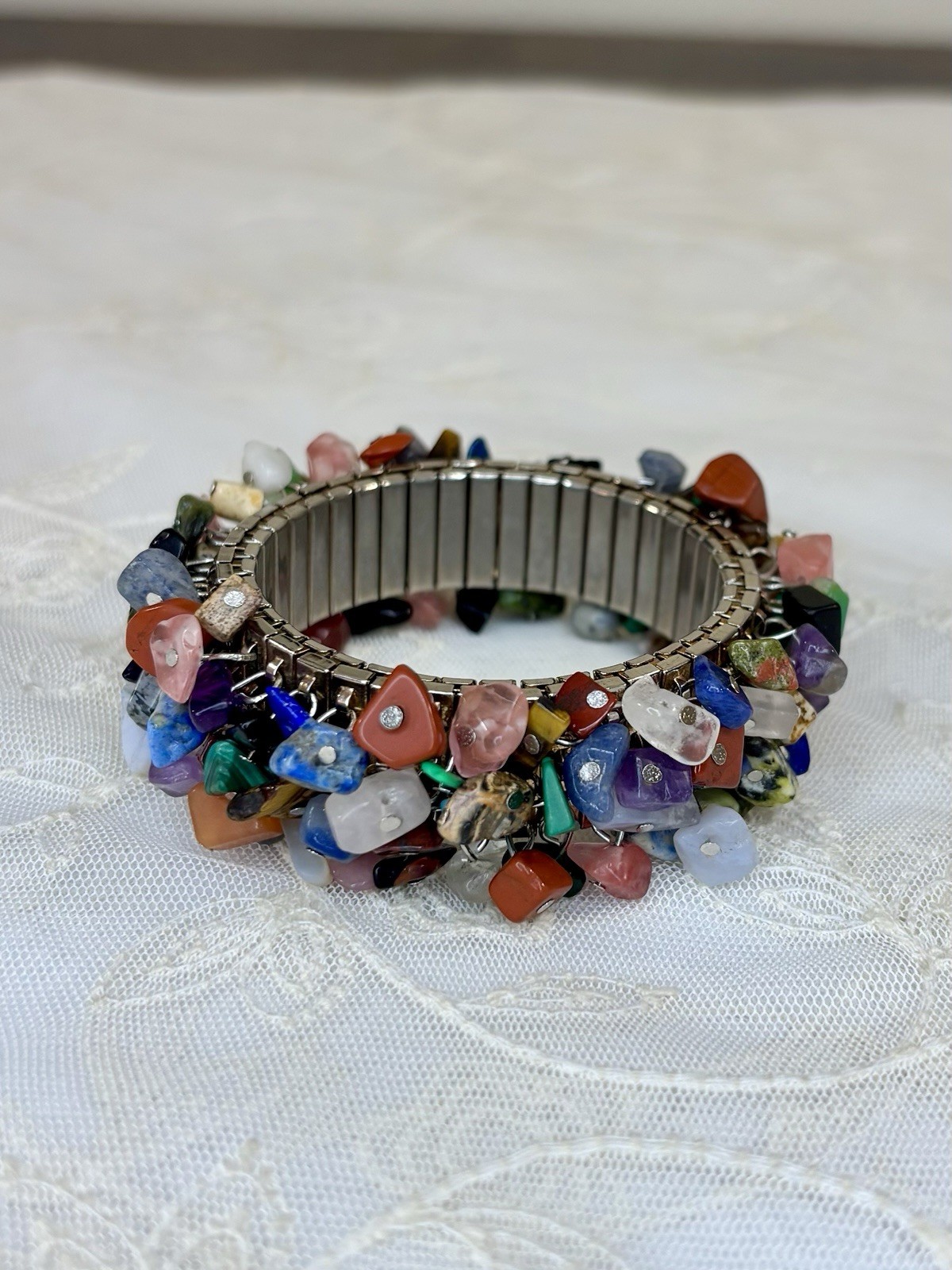 Handmade Multi Gemstone Stainless Steel Watchband Stretch Cluster Bracelet 126pc