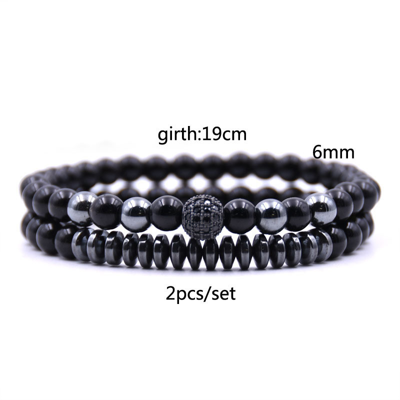 Couple Bracelets Micro Pave Zircon 6mm Bright Black Gemstone Beads Bracelets Set