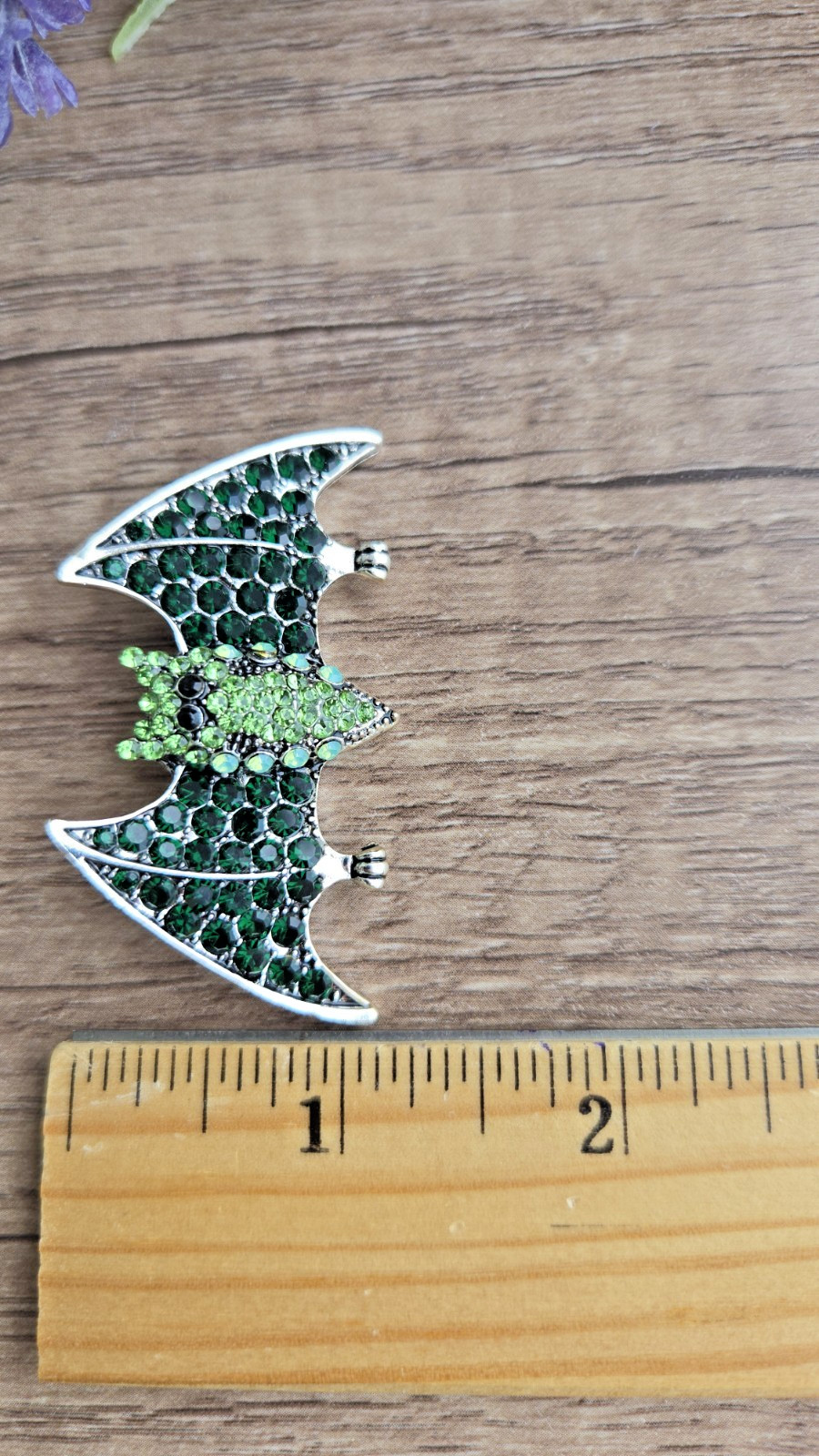 Bat Brooch Green Crystal Rhinestone Silver Tone Halloween Bat Pin