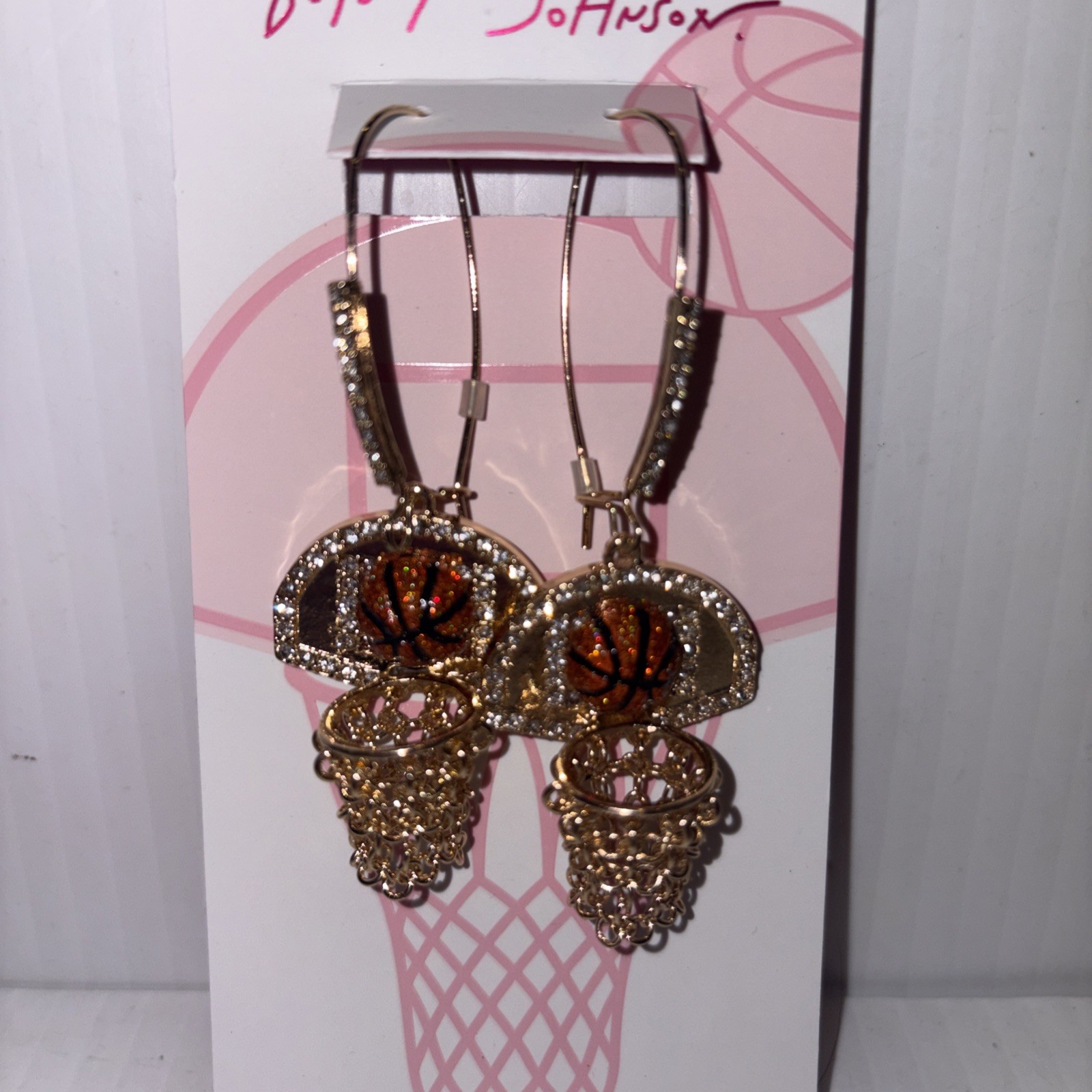 Betsey Johnson earrings Nothing But Net basketballs goldtone chains hooks NWT