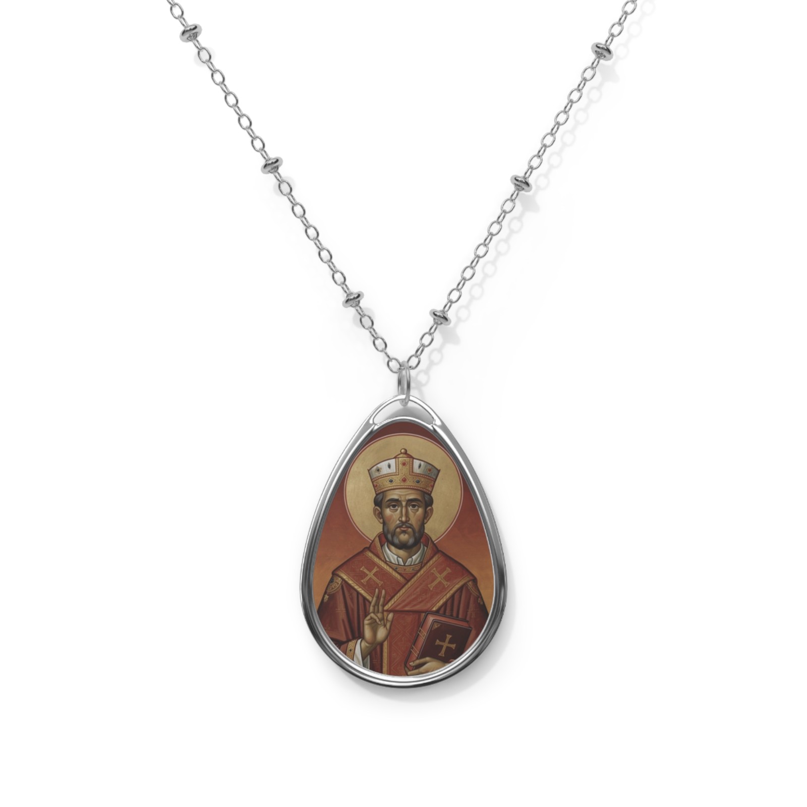 Saint Leander Of Seville, Oval Pendant Necklace, Christian Gift